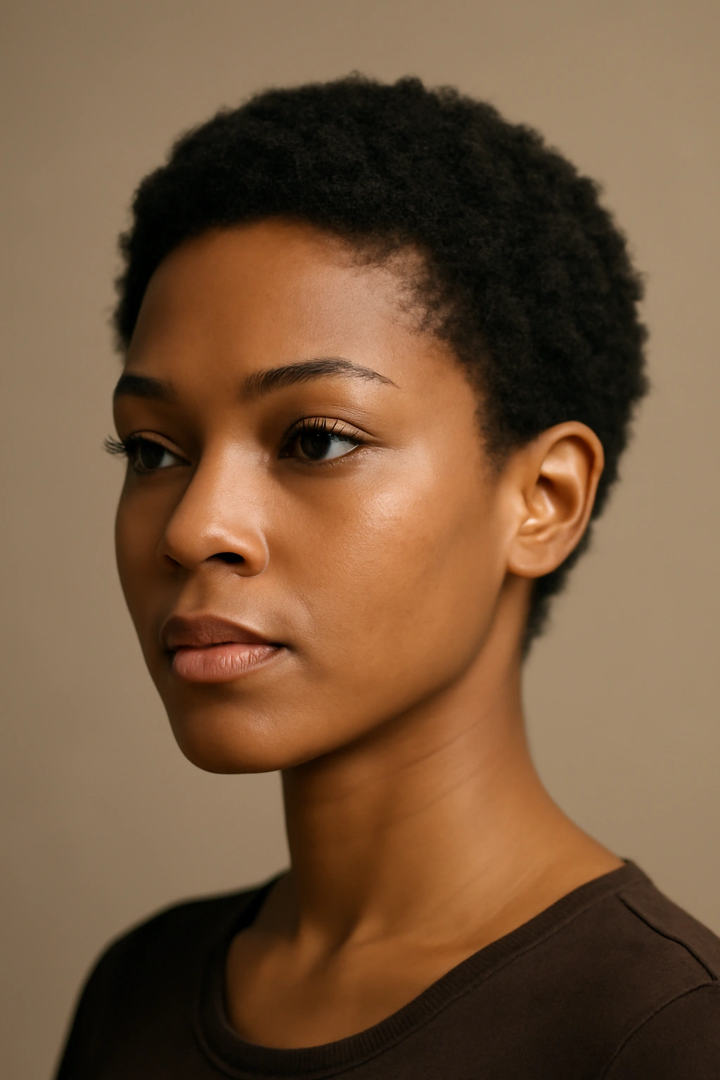 12 Short Haircuts Every African Woman Should Try 5 Close-up of a tiny afro halo on a Black woman