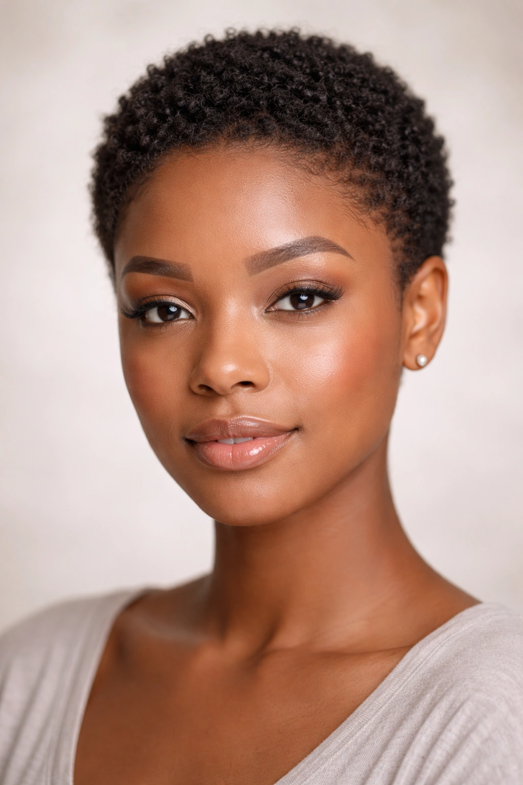 Close-up of a Black woman with a tiny natural afro halo
