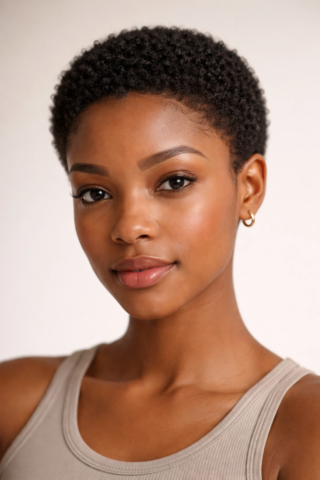 Frontal view of a teeny weeny afro with tight curls.