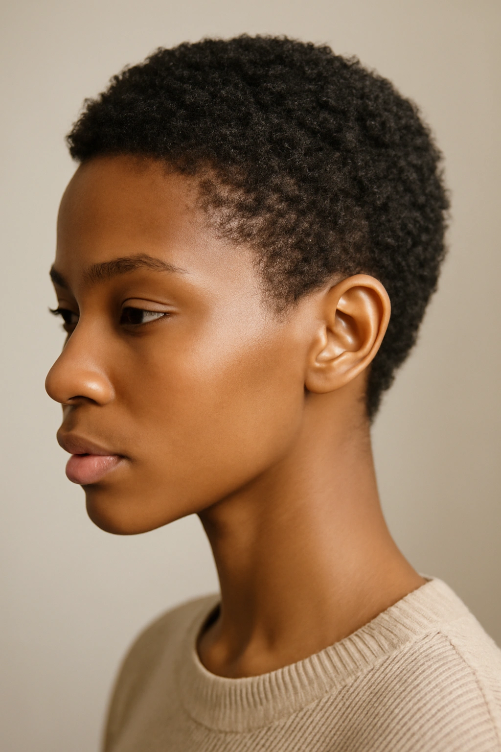 10 Short Haircuts for Black Women With Fine Hair 5 Portrait of a Black woman with a tiny feathery TWA Afro