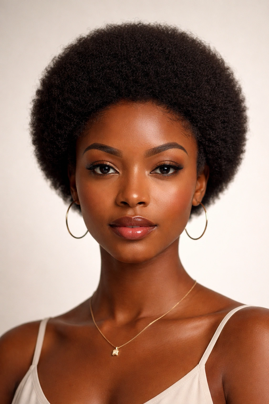 Close-up of a Black woman with a tight, rounded TWA afro