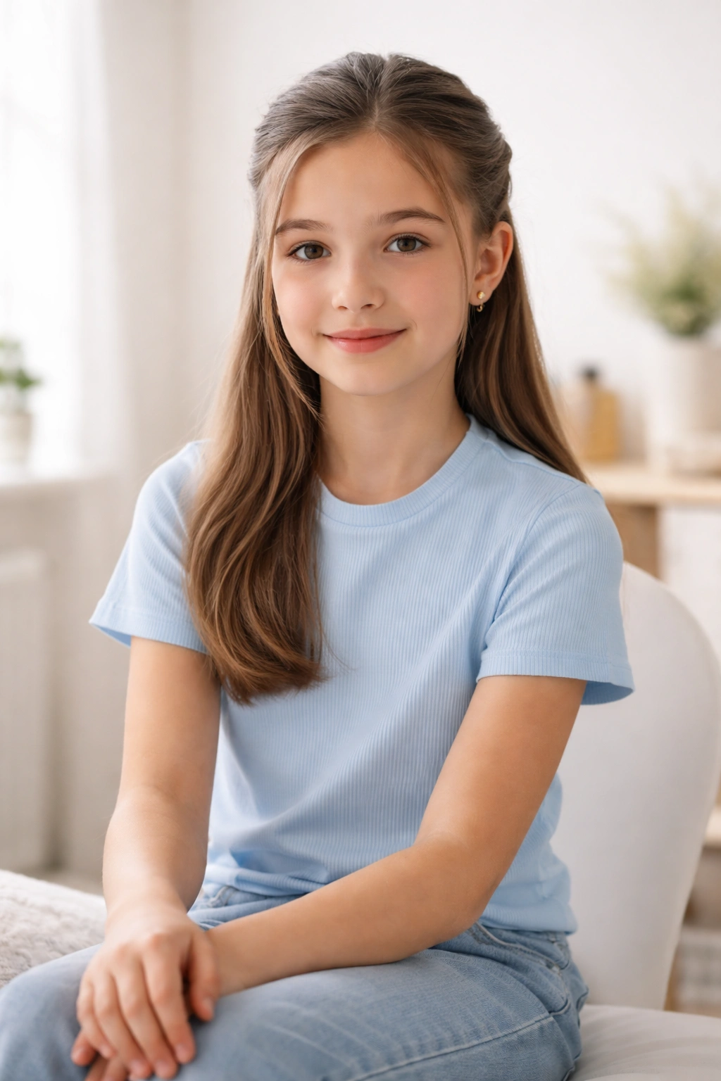 Tween girl with neat school hairstyle, thoughtful expression in a bright, neutral room