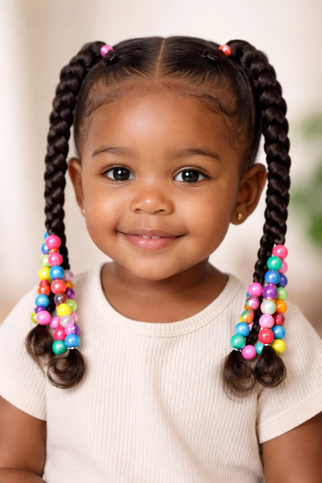 Twin French braids with colorful beads on a toddler's hair