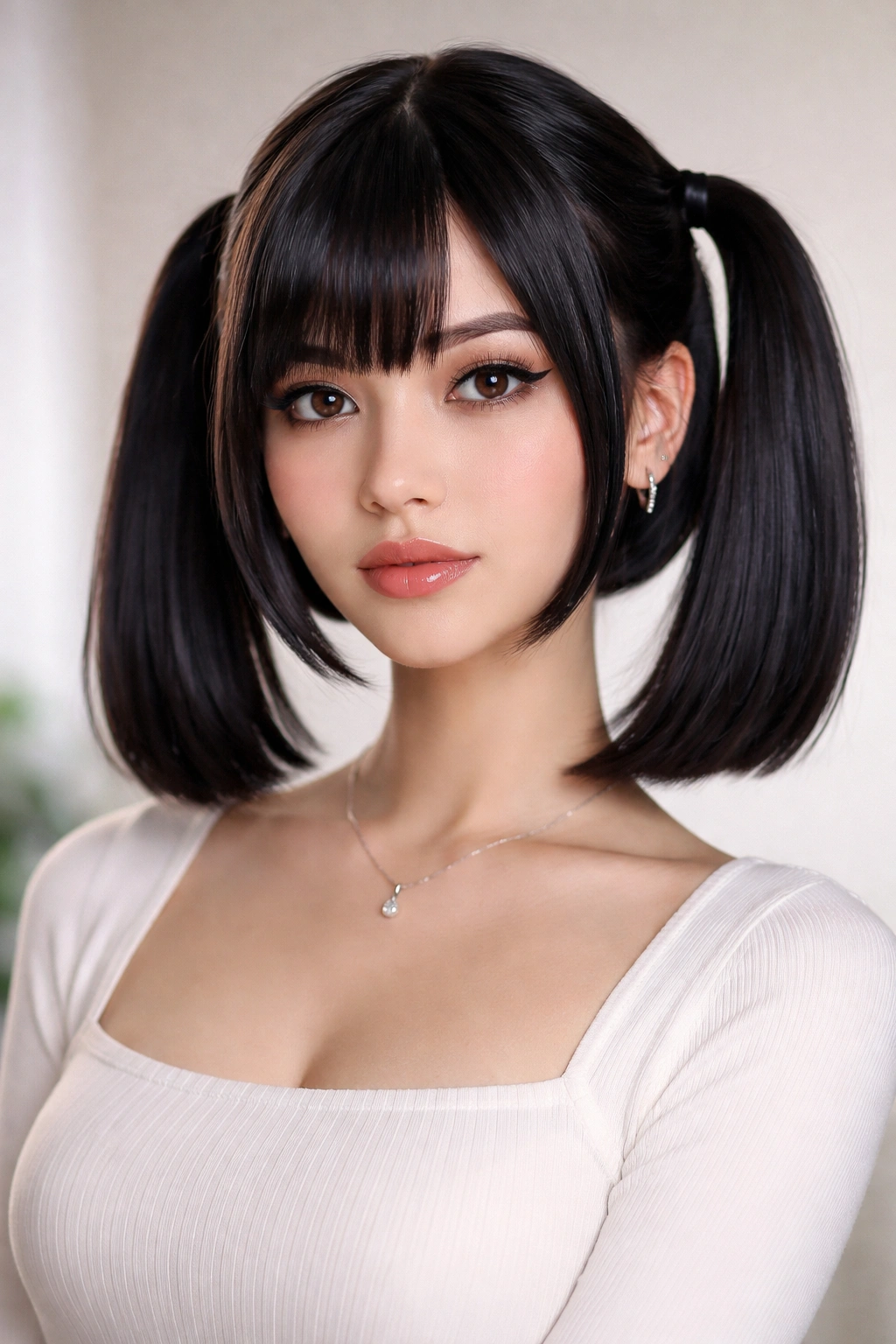 Person with sleek blunt bob forming two distinct twin tails