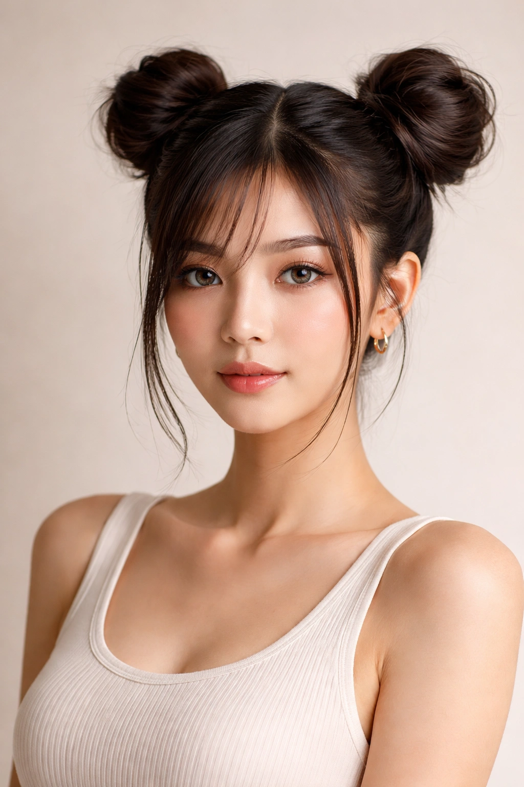 Two high twintail buns on each side of the head