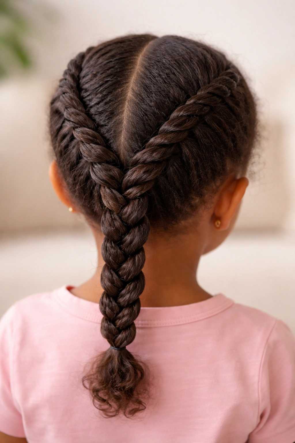 Close-up of twist-braid hybrid hairstyle with twists joined into a braid.