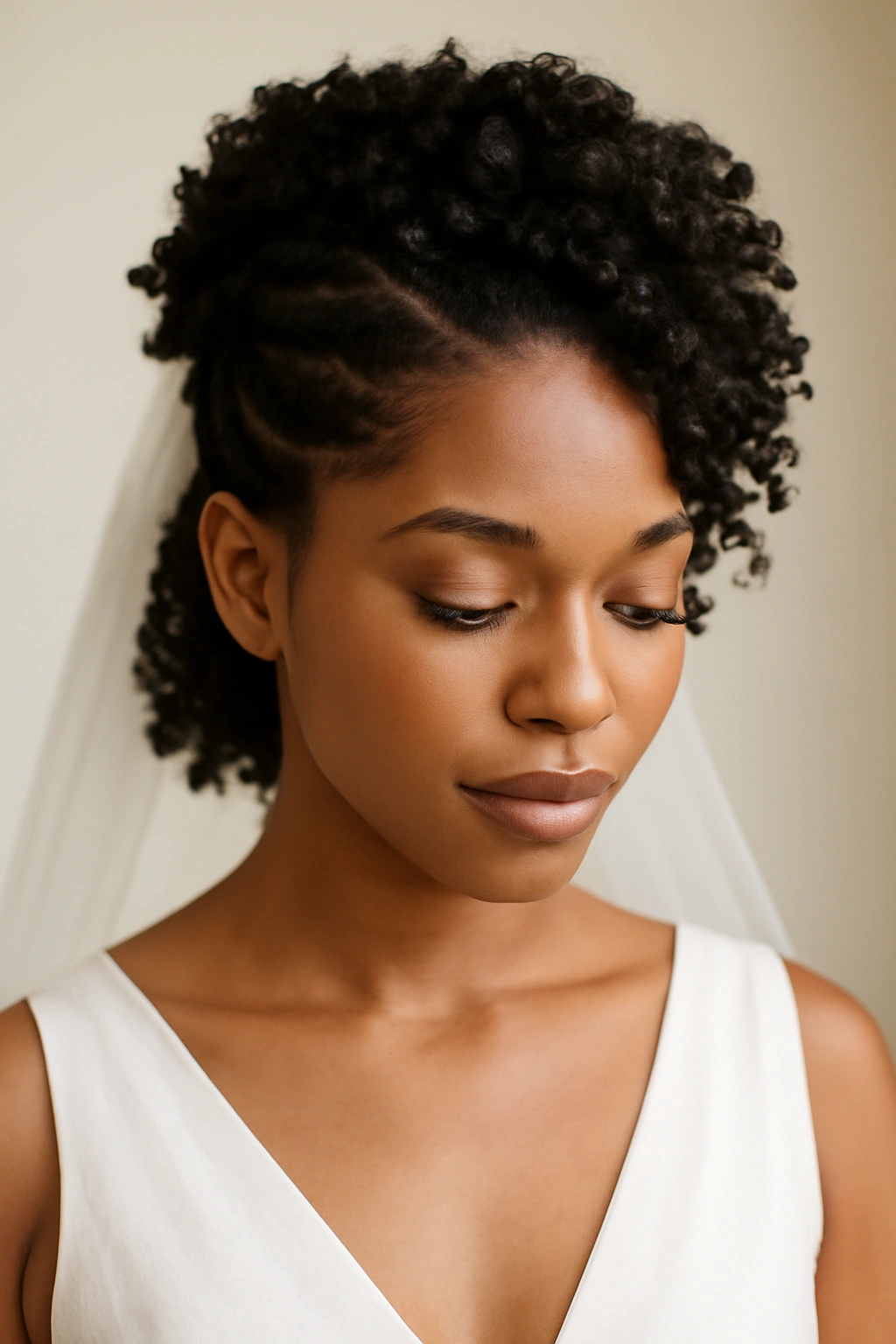 10 Short Hair Wedding Styles Black Brides Will Love 7 Close-up of Twist and Coils Half-Up Style on short natural hair with twists and crown coils.