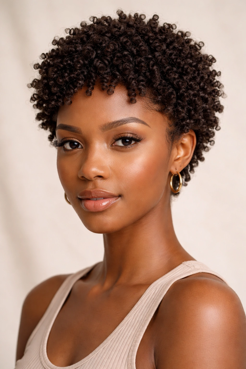 Close-up of tight twist spiral curls 2–3 inches long forming a rounded natural silhouette.