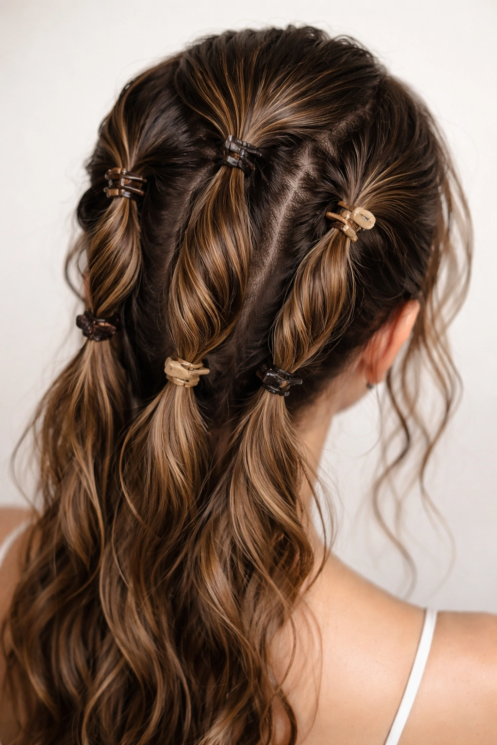 Back view of damp hair twisted into sections and pinned, showing soft waves