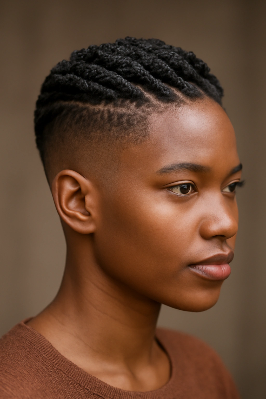 30 Short Haircuts for Black Women 16 Close-up of crown twists with fade sides on a head