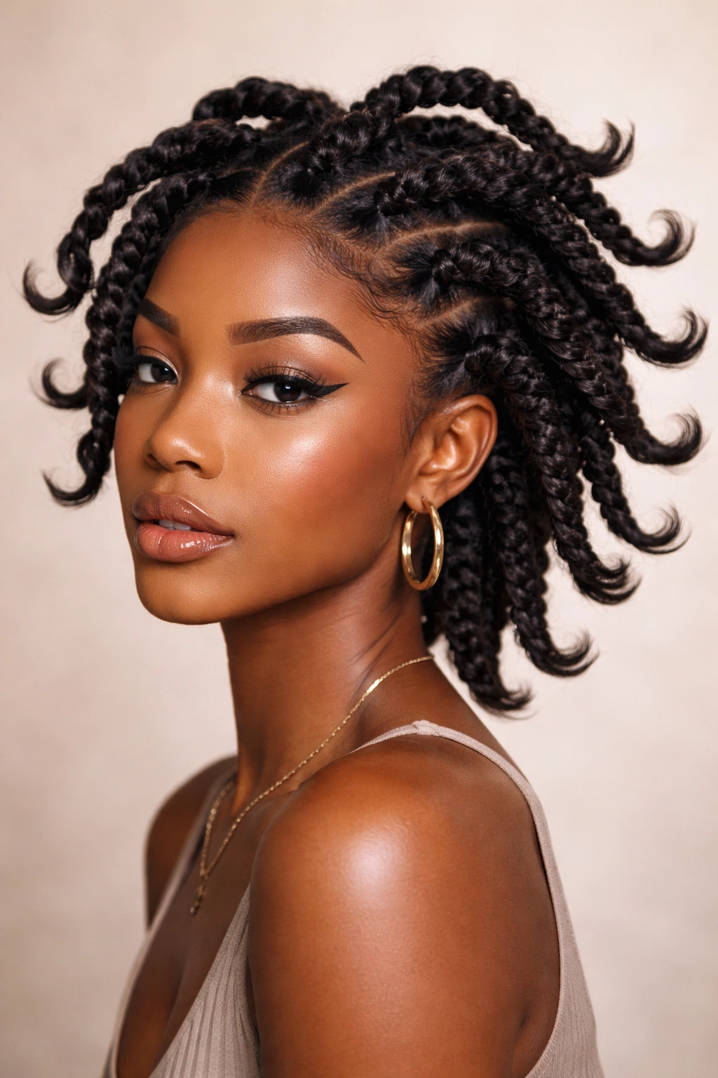 Close-up of a Black woman with textured twist flip showing spiraled twists.