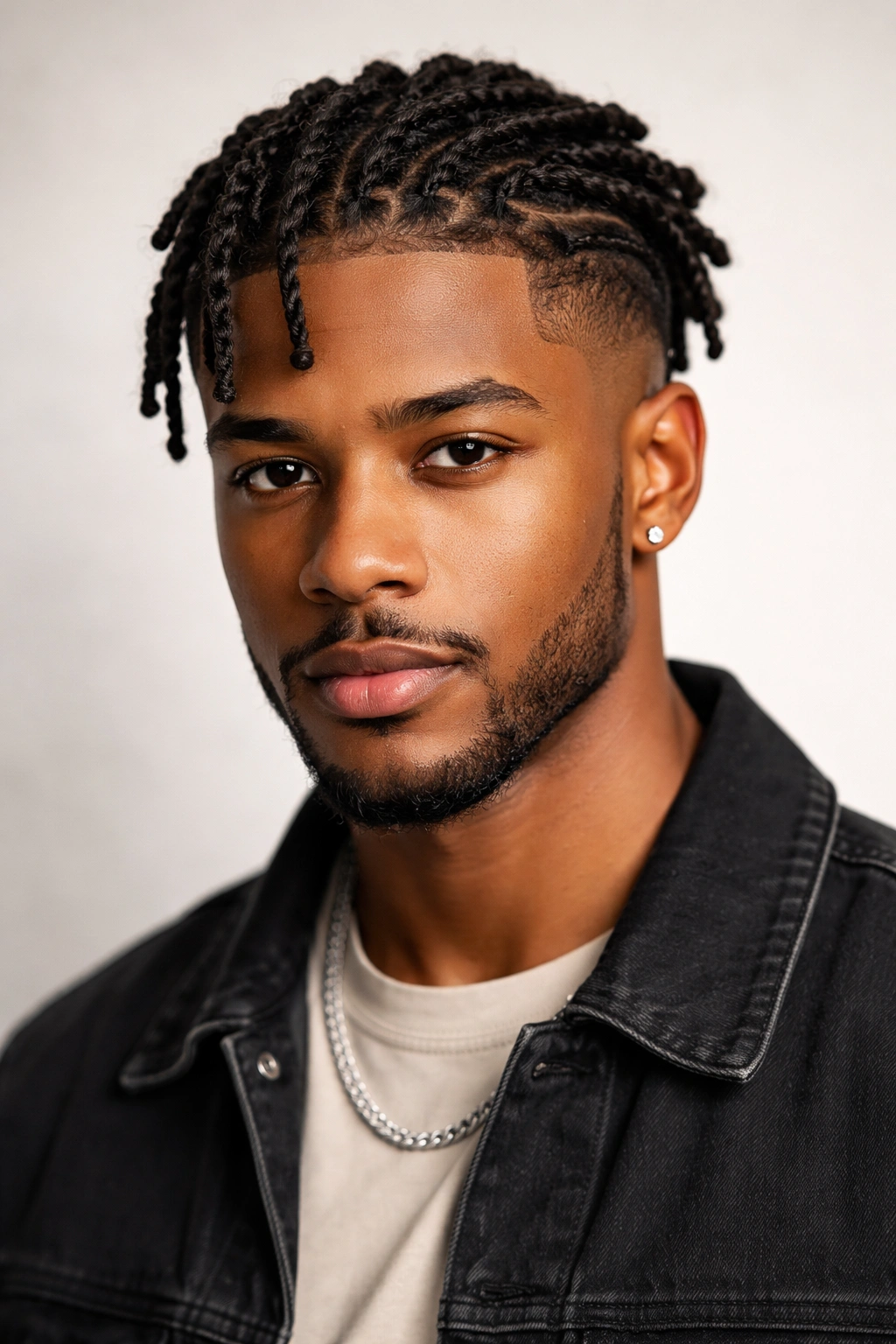 Man with twist locs on top and a clean fade on the sides.