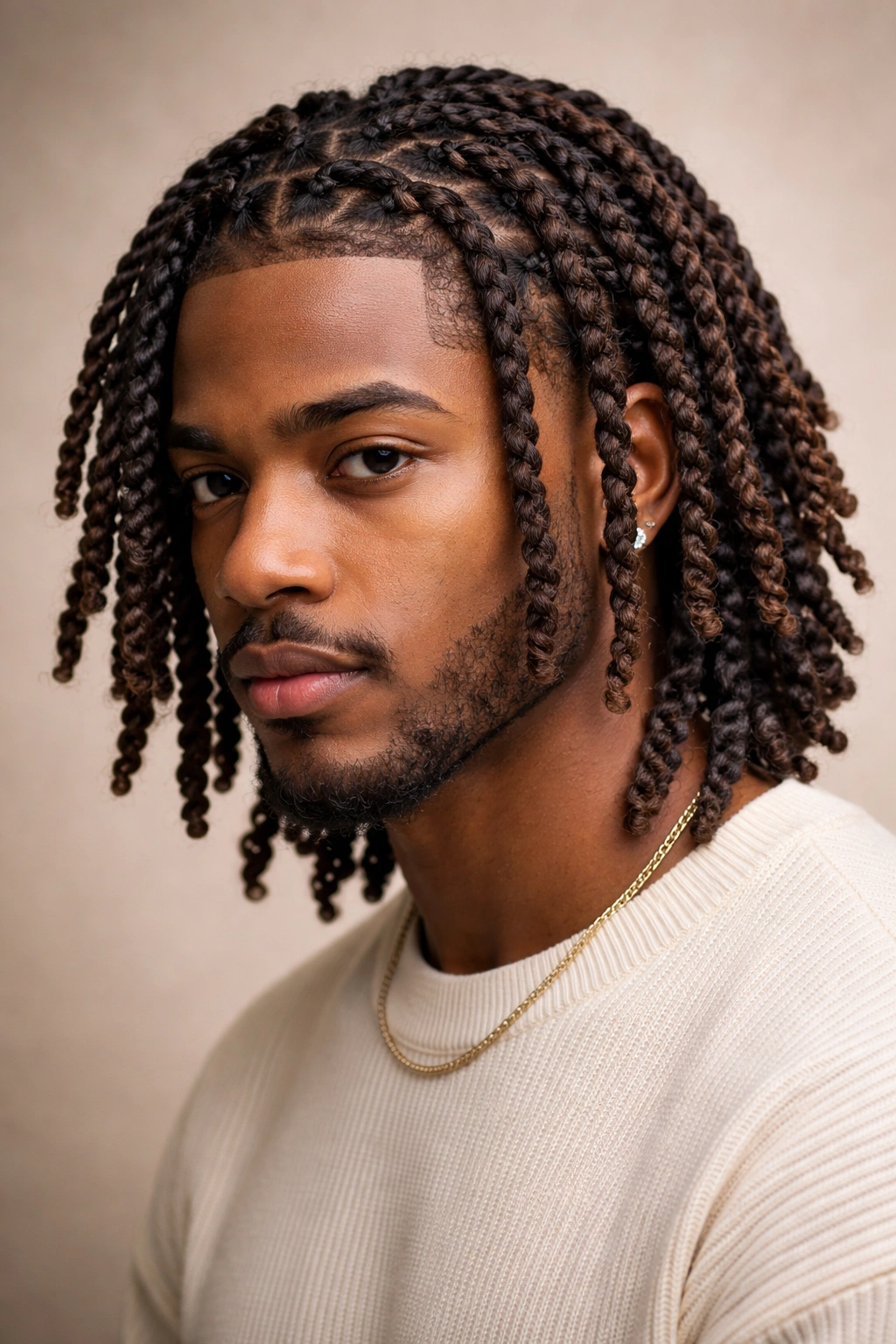 Medium-length two-strand twist locs with defined spiral texture.