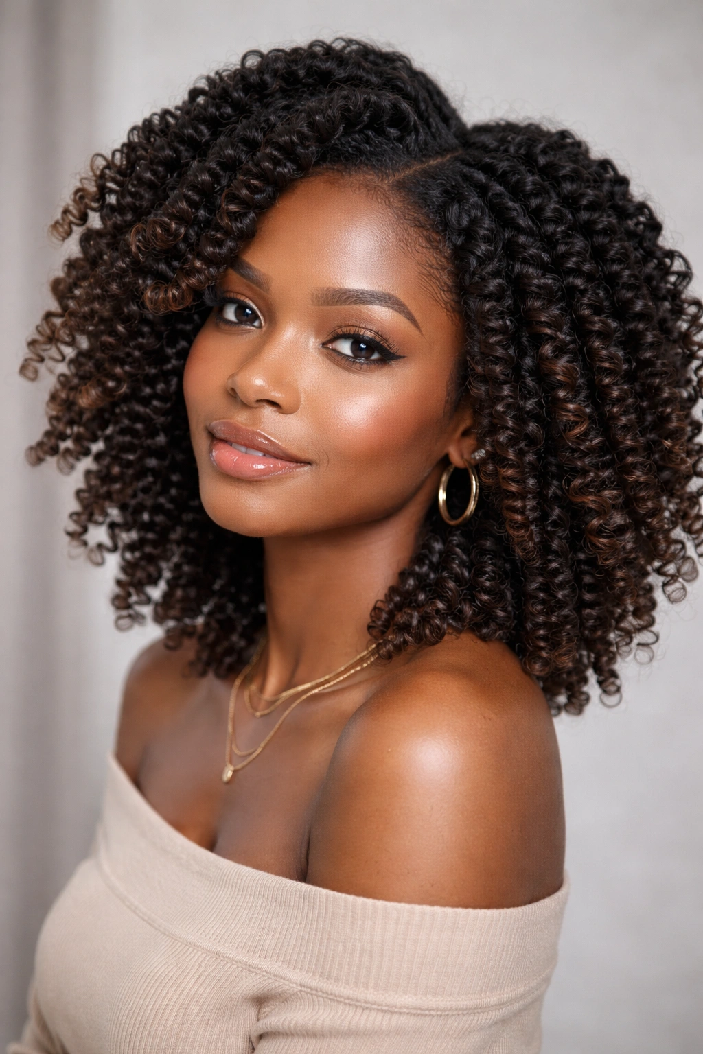 Portrait of a person with a twist-out hairstyle showing defined spirals