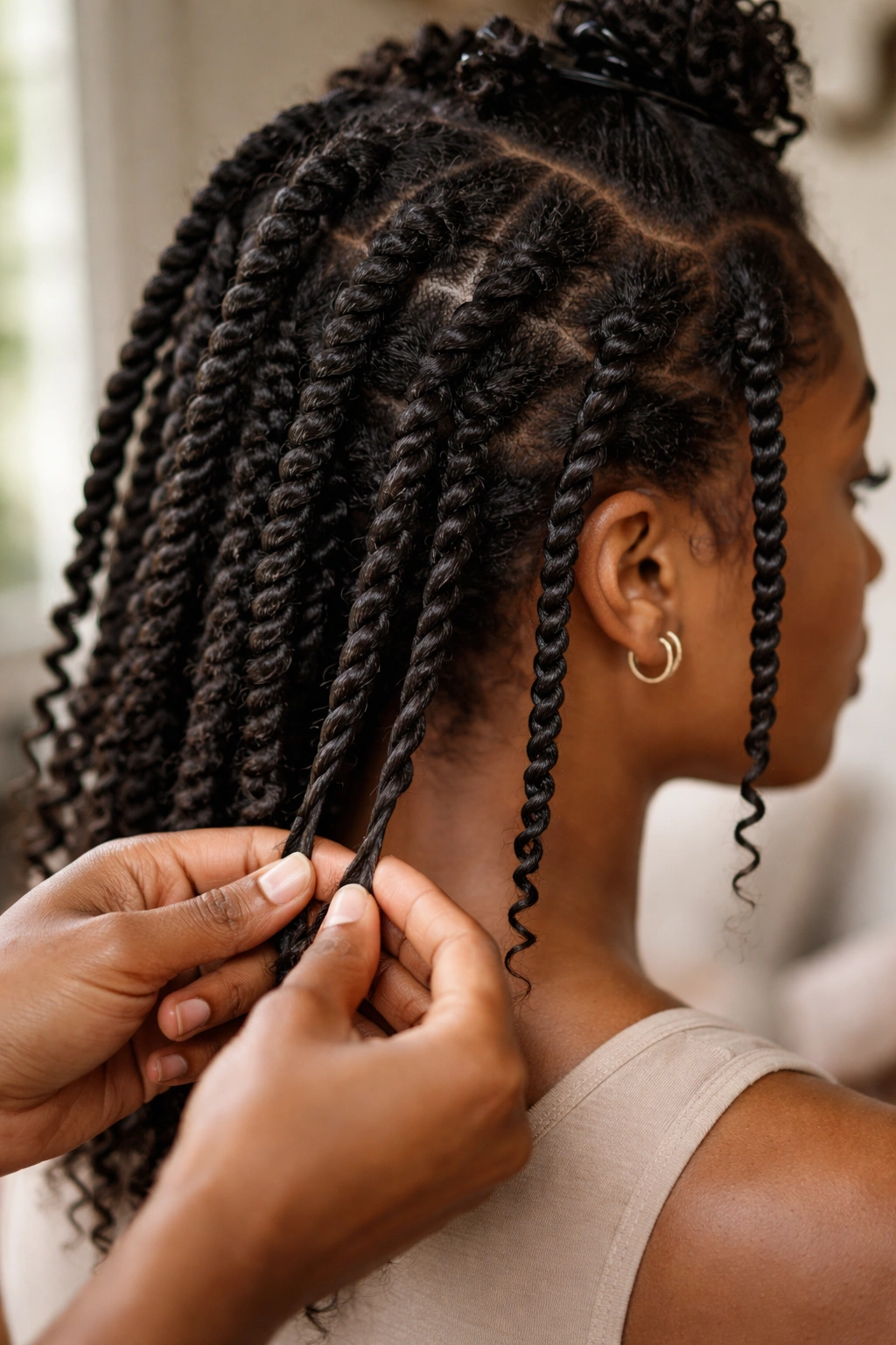 10 Hairstyles For Tight Curls At Every Length 9 Close-up of two-strand twists showing defined coils
