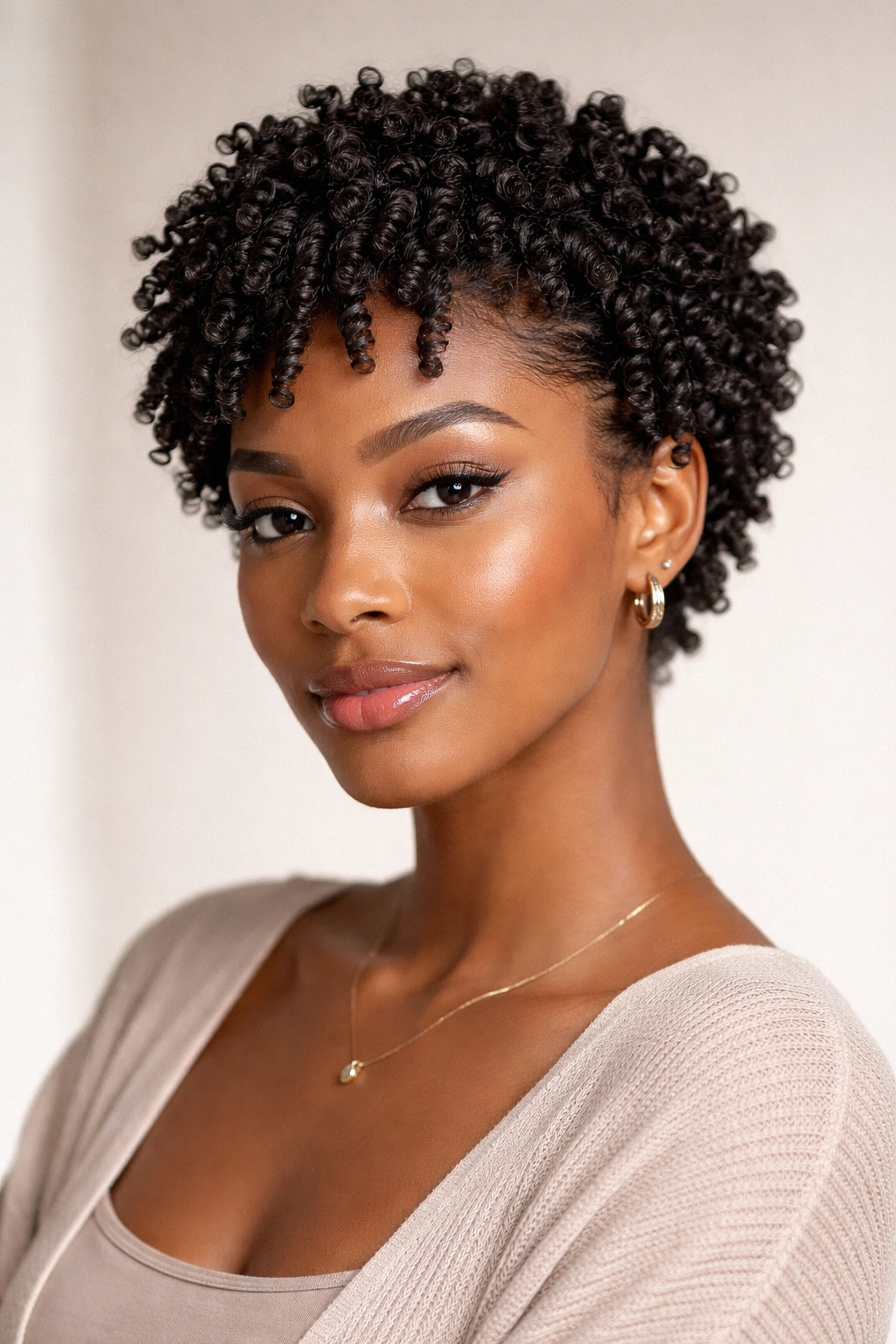 20 Short Curly Haircuts That Look Incredible 17 Head-and-shoulders portrait of The Twist-Out Friendly Cut showing defined coils