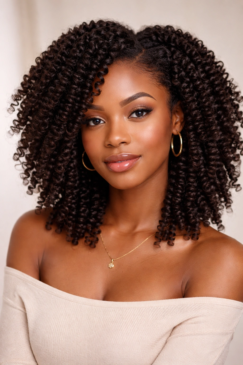 Defined twist-out curls after unraveling, with elongated coils.