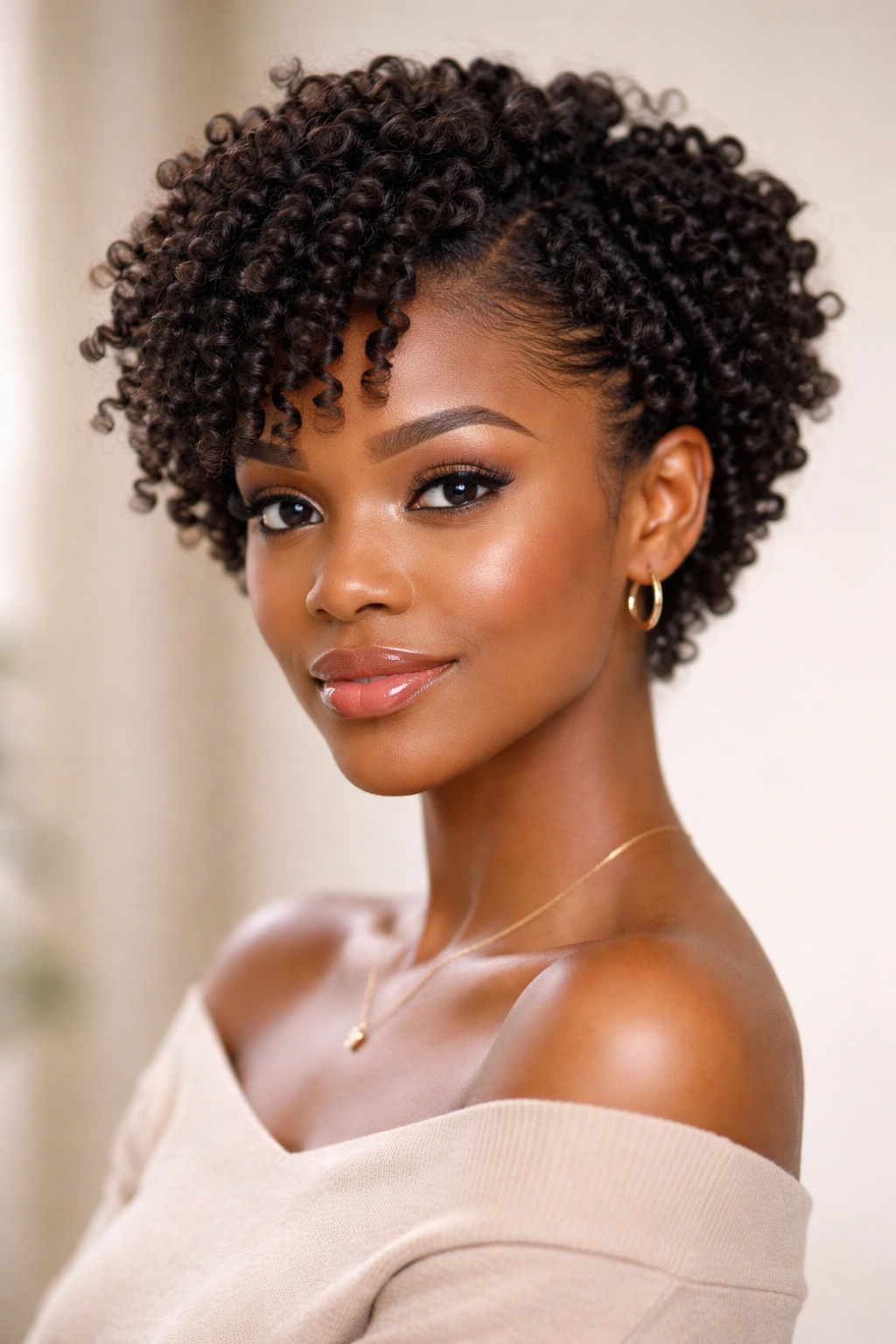 Close-up of short, defined twist-out curls with elongated coils.