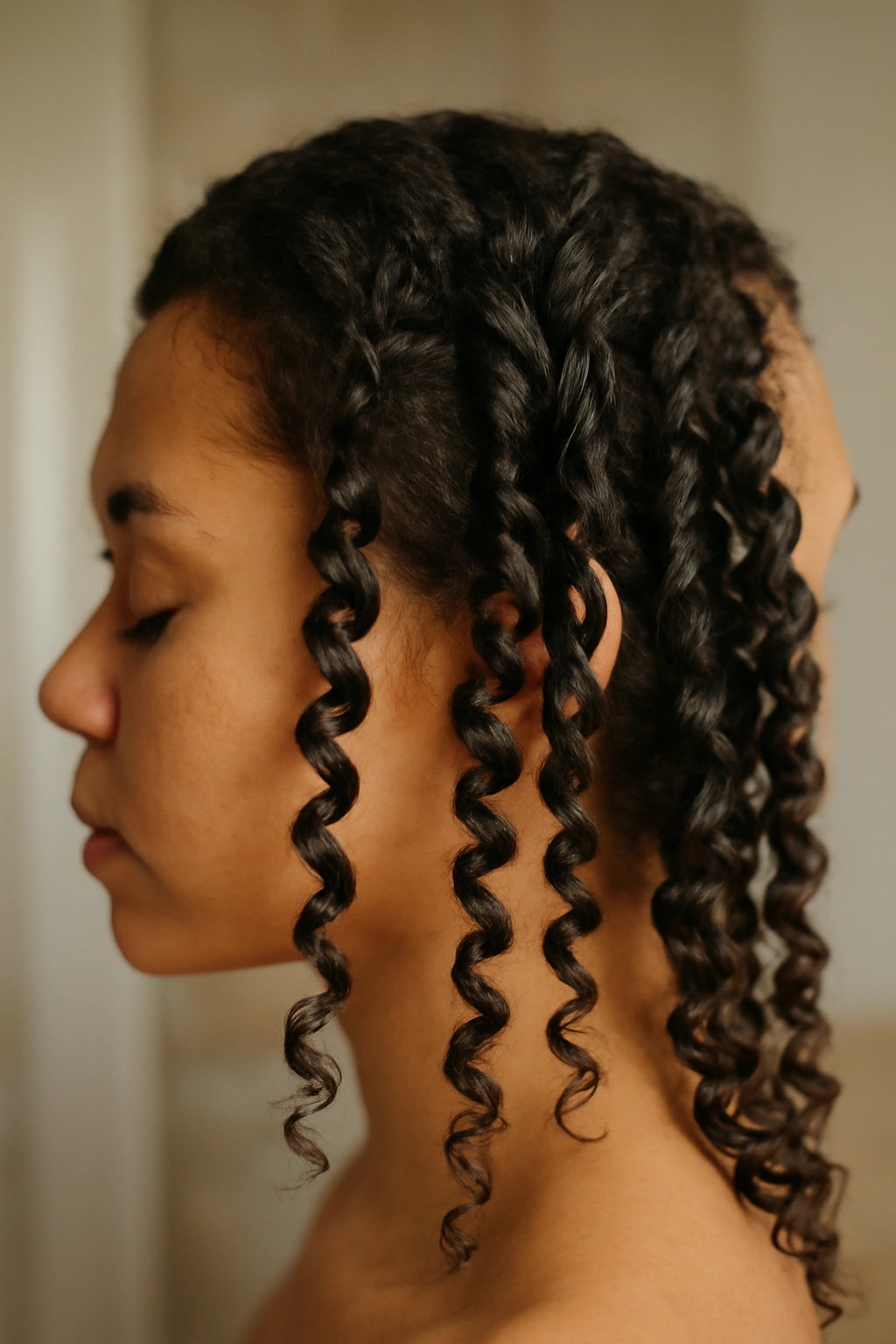 15 Heatless Wavy Hairstyles Anyone Can Pull Off 2 Close-up of damp hair twisted into spirals for defined twist-out waves