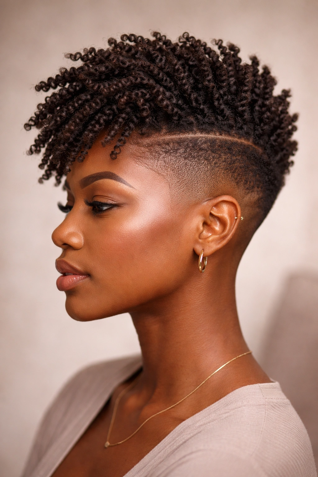 Side profile of Twist-Out Fade with Extended Top Length showing twists and volume.