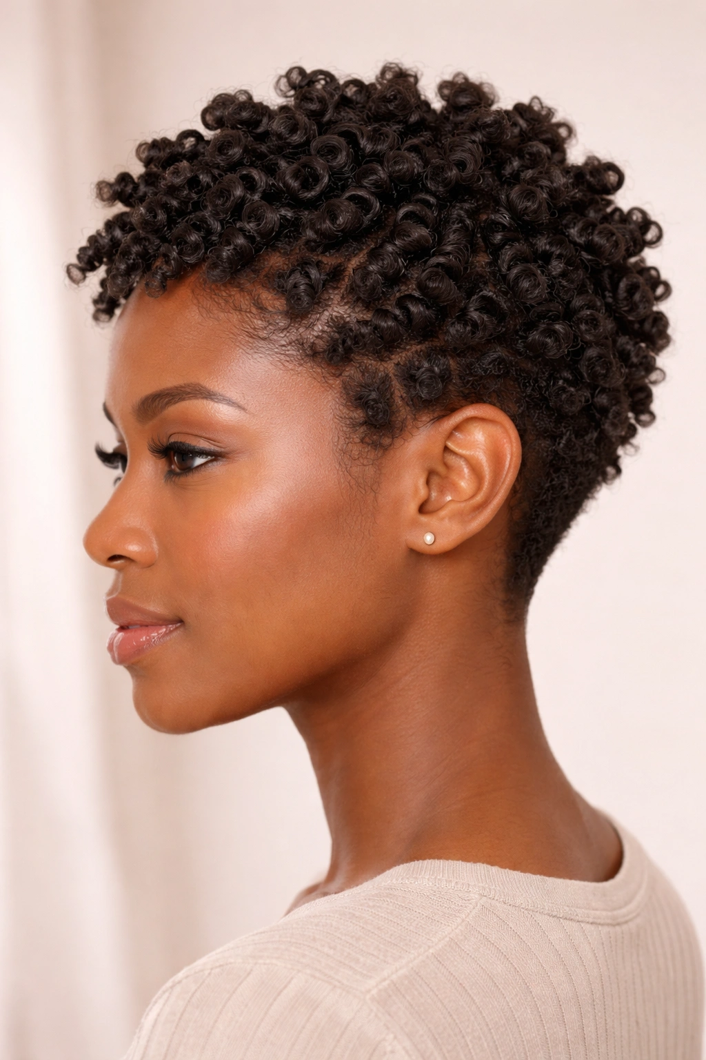 Short textured hair with twist-out style and defined sections