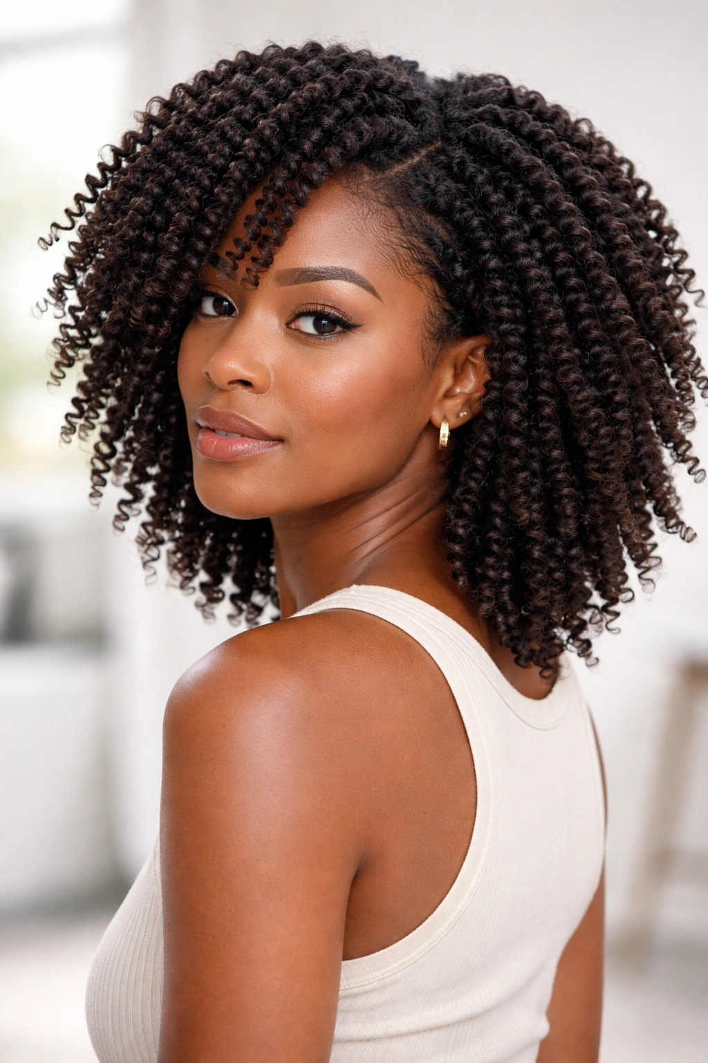 Portrait of a person with twist-out ready cut showing defined coils and balanced layers