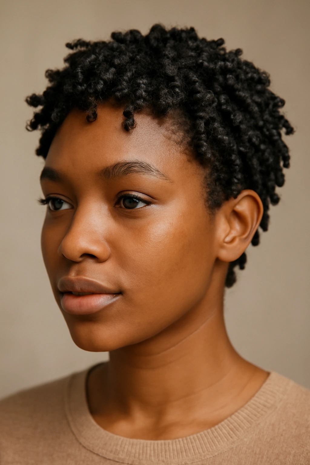 12 Short Curly Natural Hairstyles for Black Women 5 Close-up of a short natural hairstyle with a twist-out showing defined curl clusters