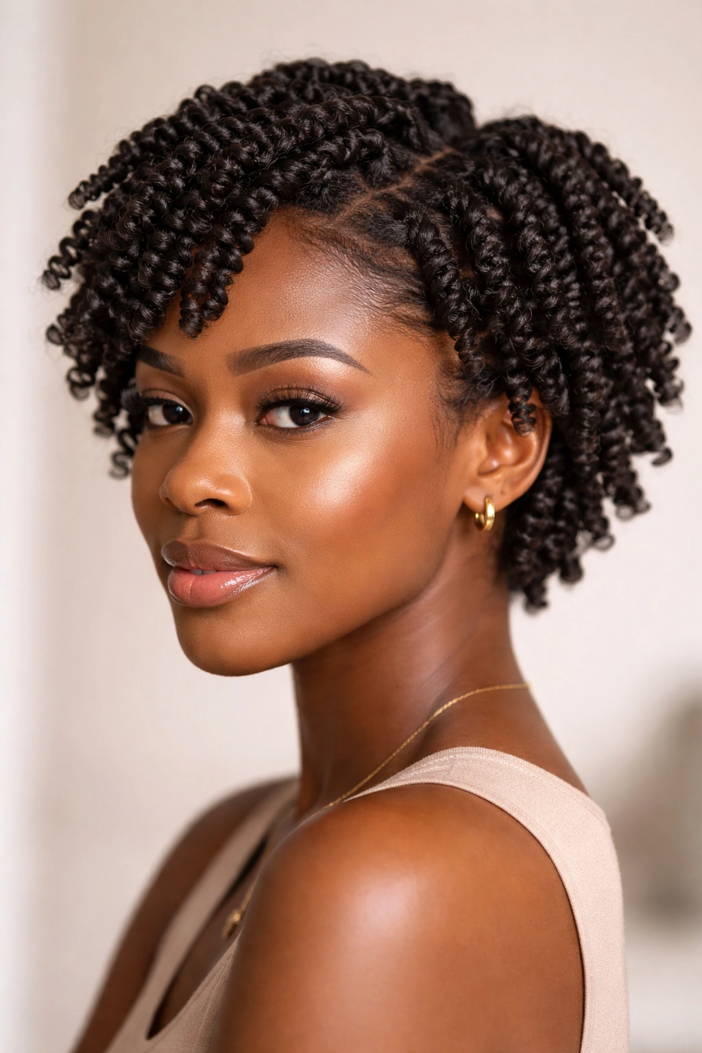 Close-up of short natural hair with clearly defined two-strand twists and high shine