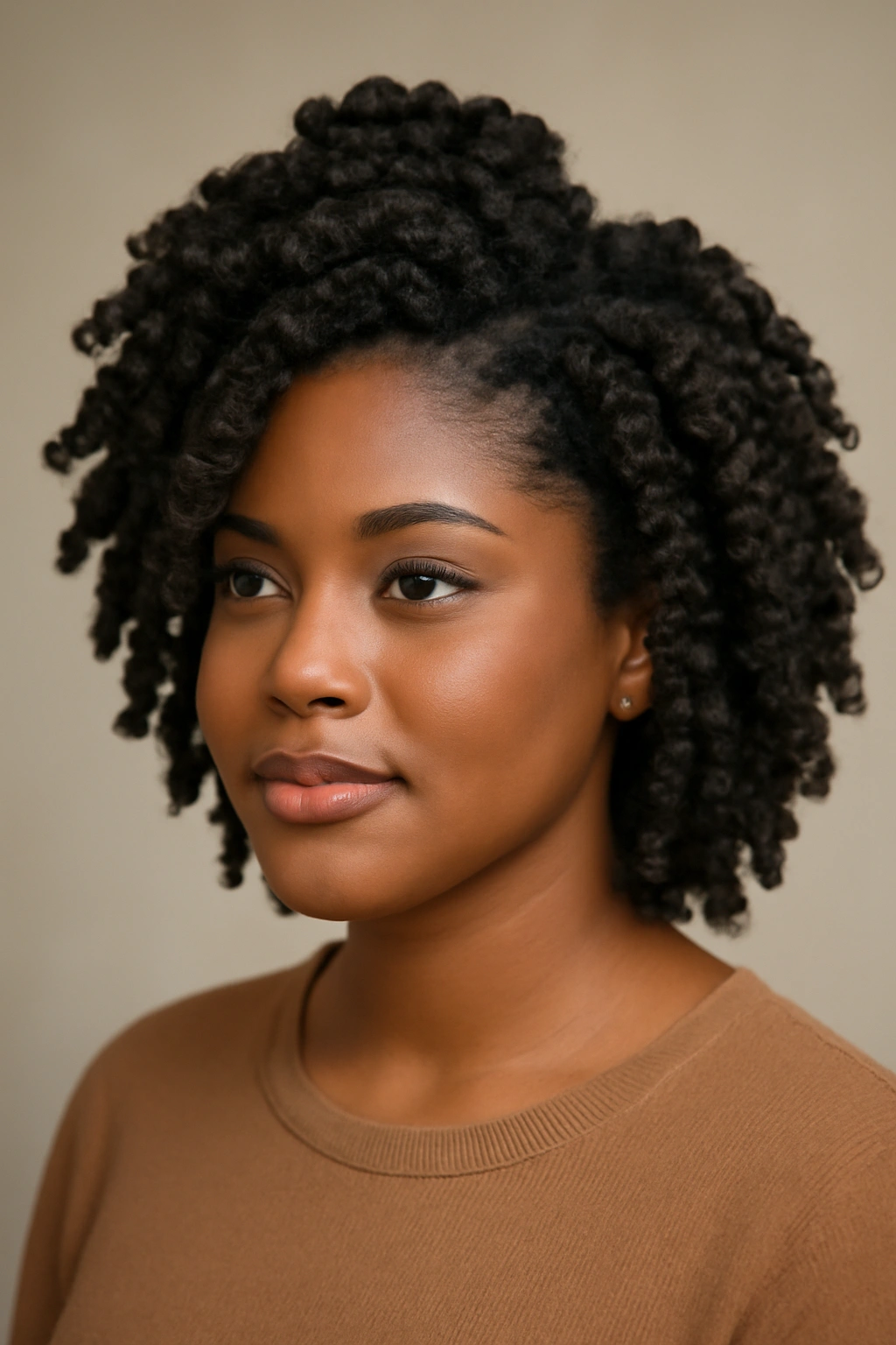 12 Flattering Hairstyles for Black Women With Round Faces 3 Black woman with voluminous twist-out hairstyle and defined texture