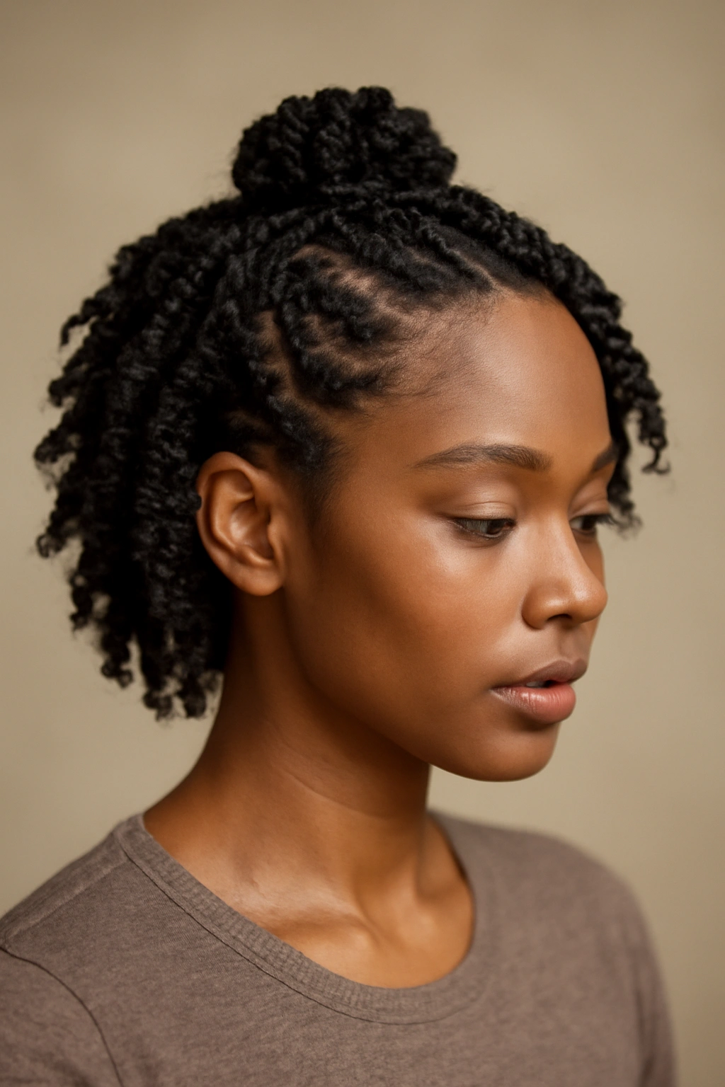 10 Twist Out Styles for Short Natural Hair to Copy 8 Twists arranged with a small crown bun and loose texture at the back