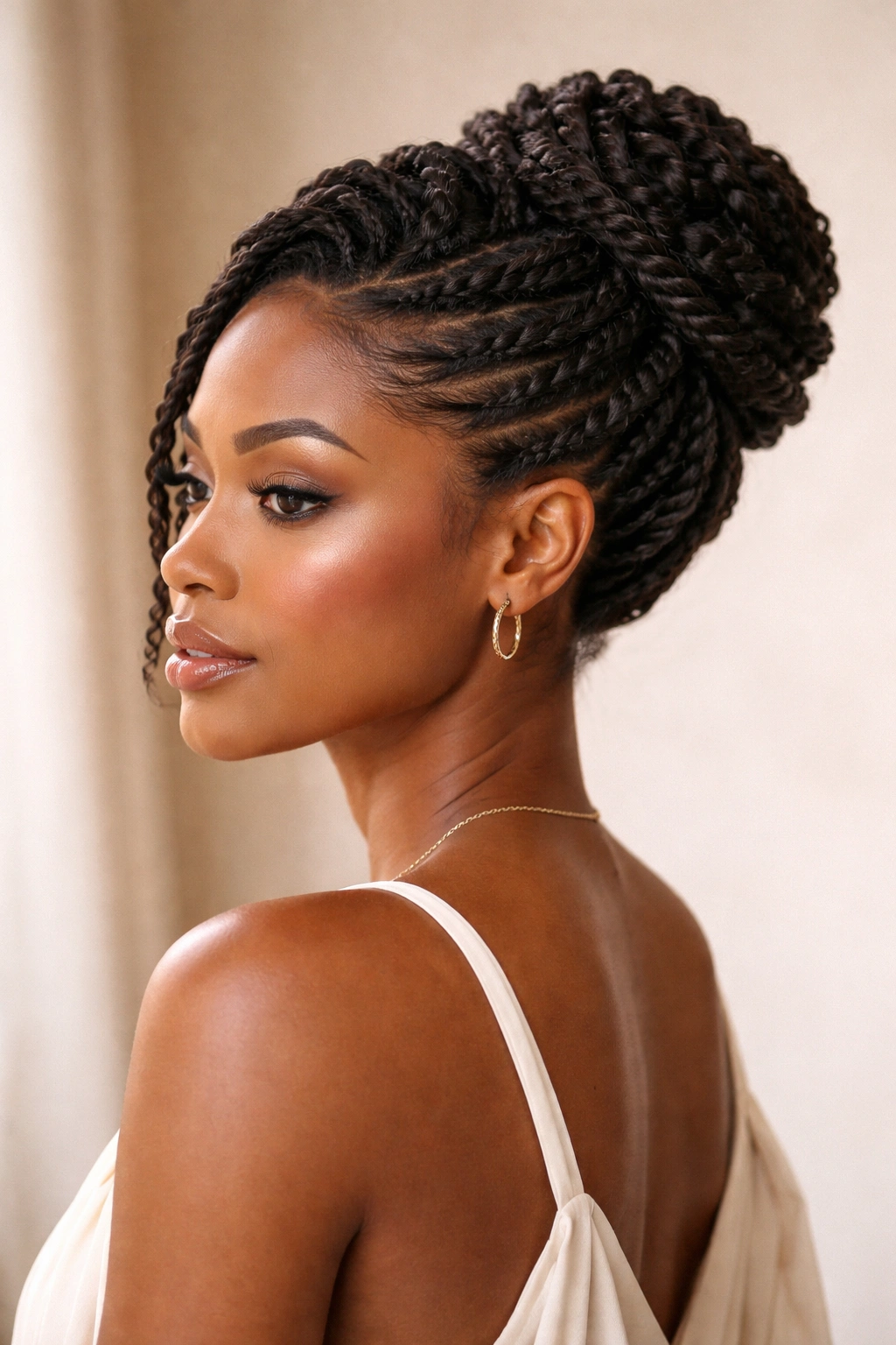15 Short Twist Styles For Every Natural Hair Texture 16 Elegant twist updo showing sculpted twists and refined finish