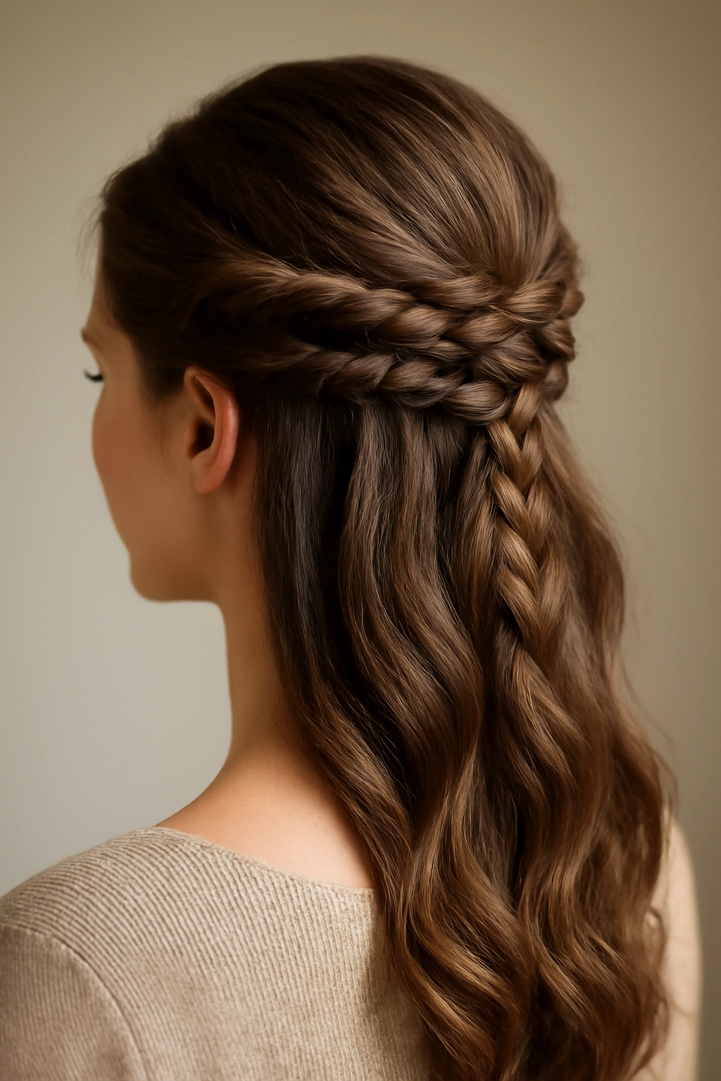 10 Braided Updos to Try on Medium or Long Hair 8 Half-up hairstyle with twists and braids secured at the back, showing volume