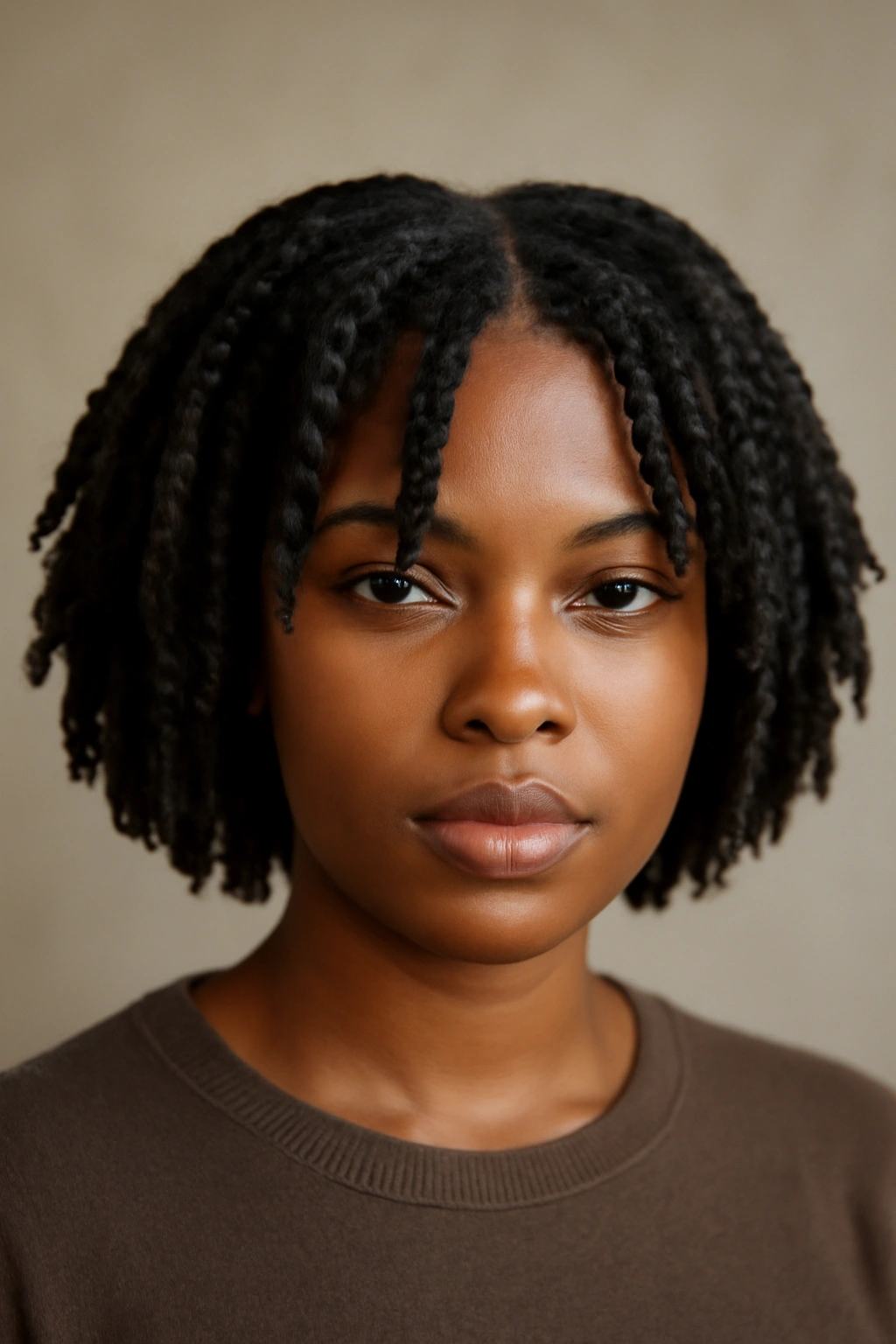 12 Bob Haircuts for Black Women Worth Bookmarking 9 Twisted bangs bob framing the face on a Black woman in studio lighting