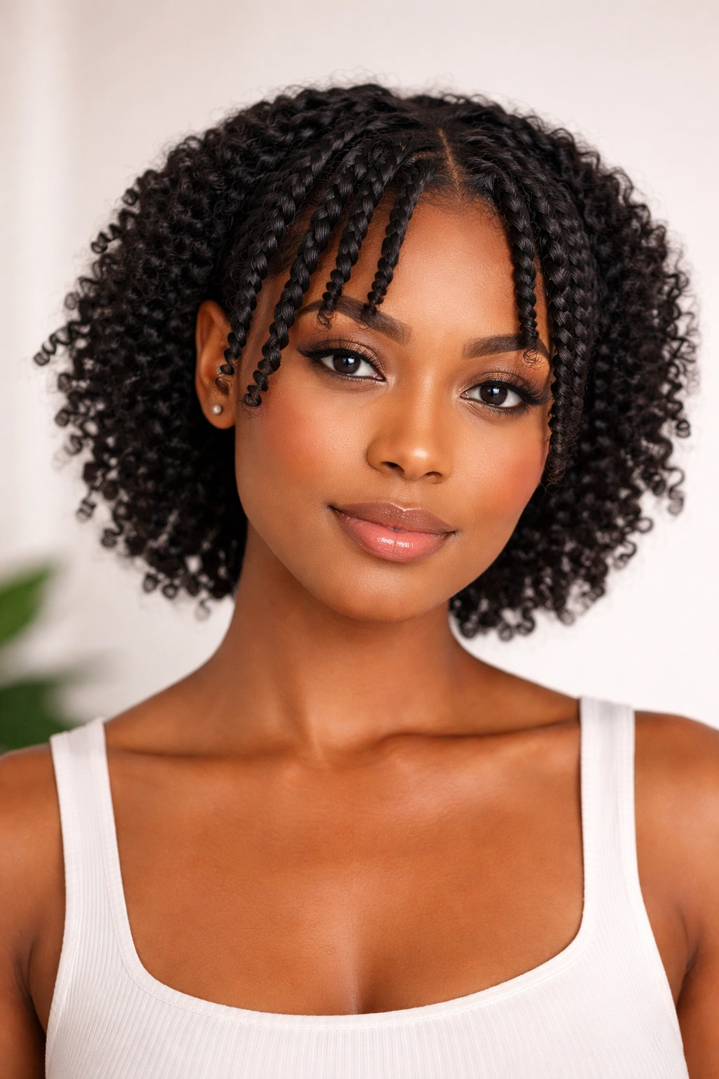 Close-up of twisted bangs framing the face with untwisted back