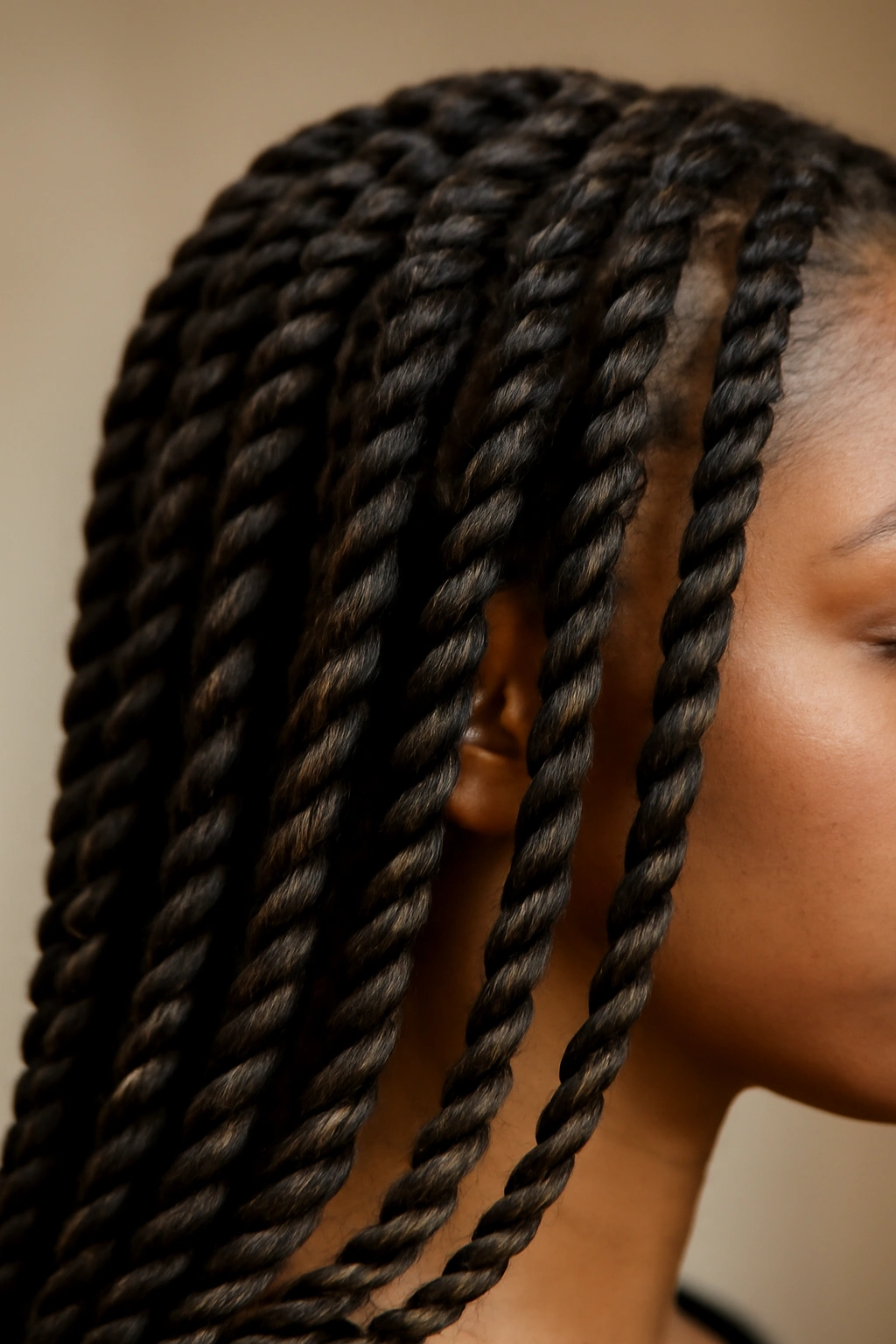 20 Box Braid Styles From Short Bobs to Waist Length 10 Close-up of twisted box braids with spiral texture