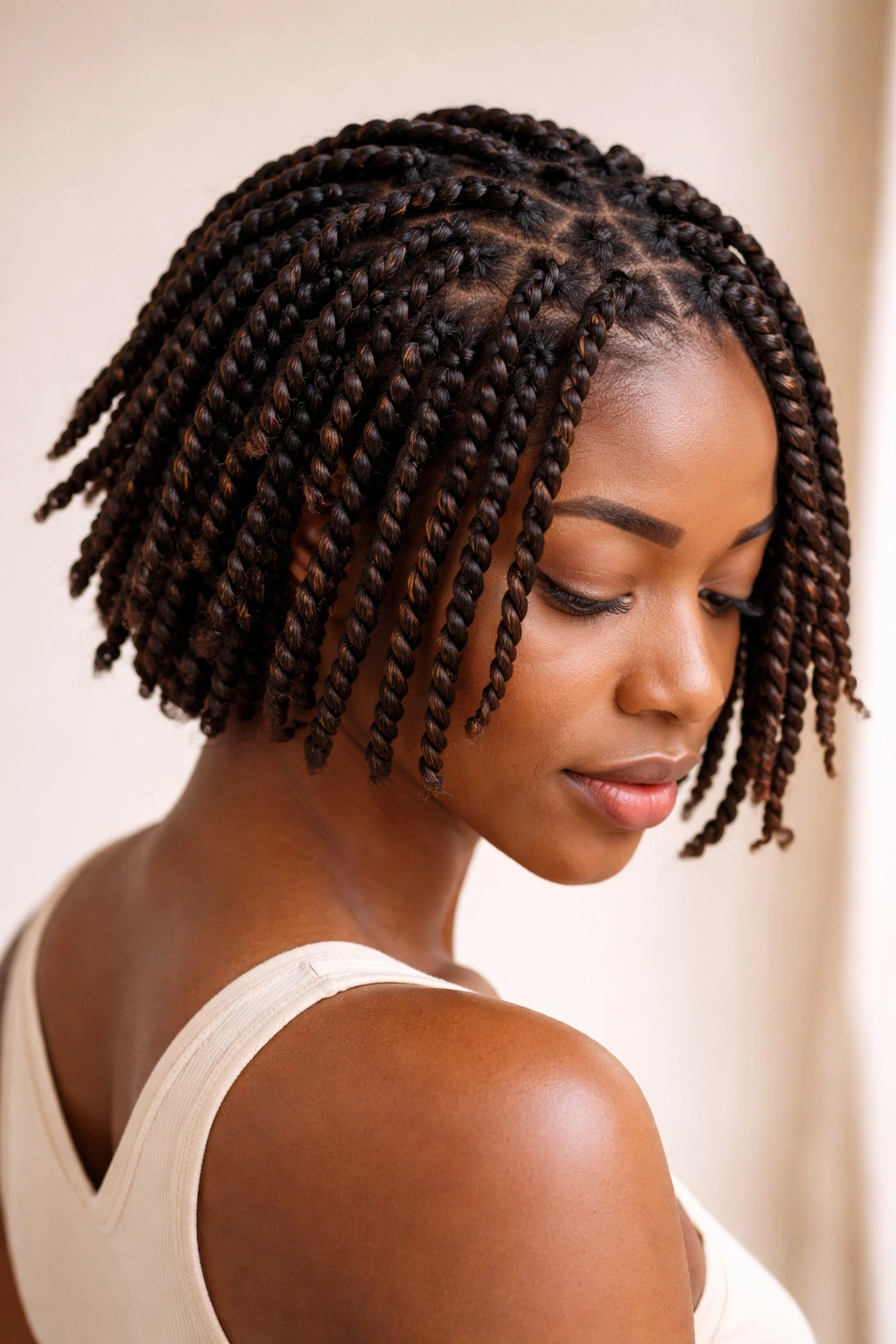 15 Box Braid Styles That Look Great On Short Hair 4 Twisted box braids with spiral texture on short hair