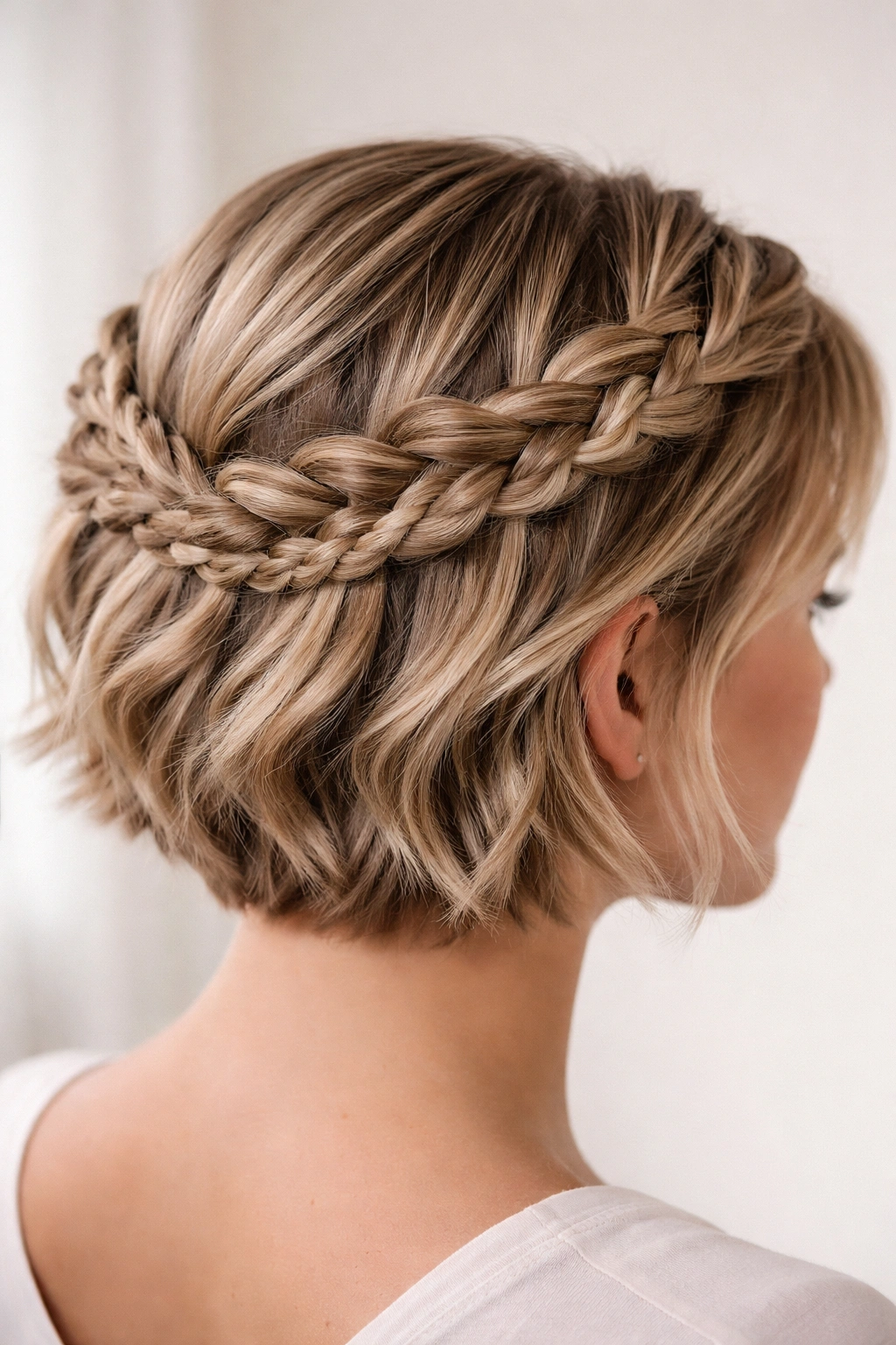 Close-up of a twisted braid crown around the head on short hair