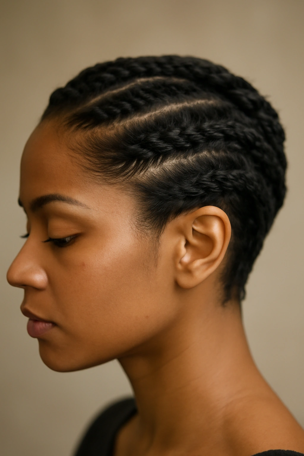 12 Braided Short Hairstyles That Actually Stay Put 7 Close-up of a short hairstyle with braided crown sections and twists for a secure hybrid texture