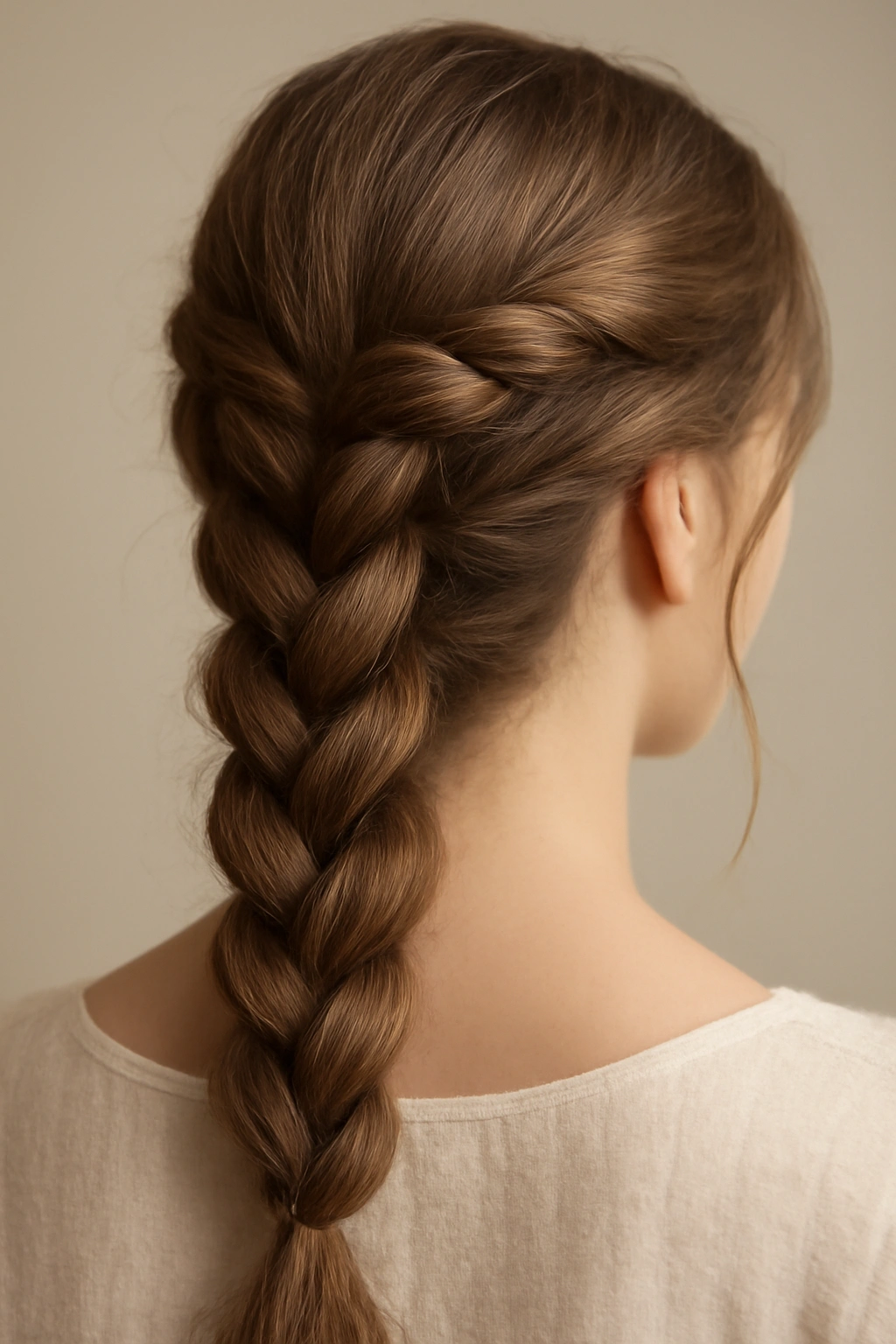 Three rope-like twisted braids merged into a single loose braid on the back of the head