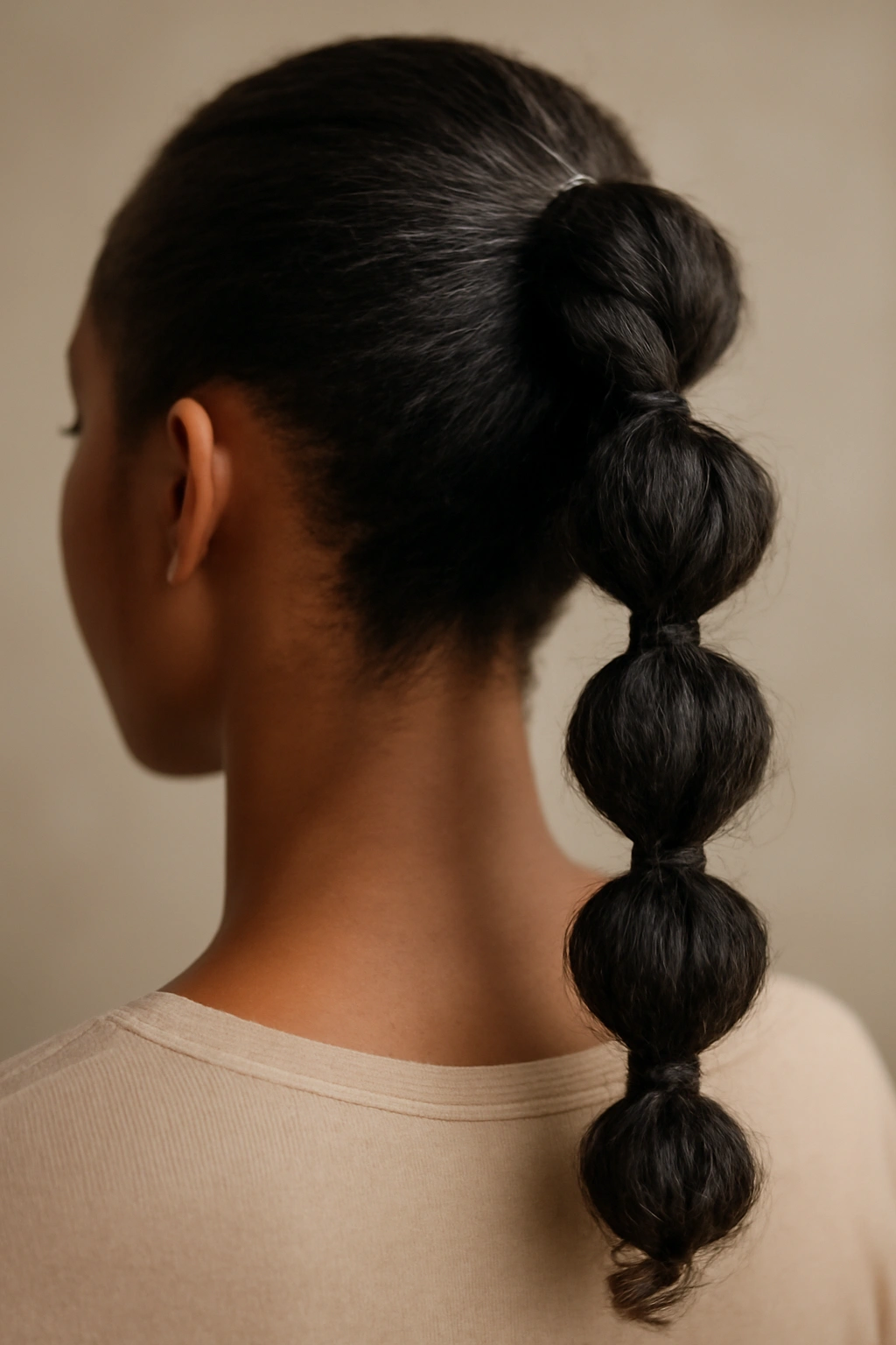 10 Bubble Ponytail Styles Black Women Love Right Now 7 Close-up of a bubble ponytail with twisted/bended strands between elastics on textured hair