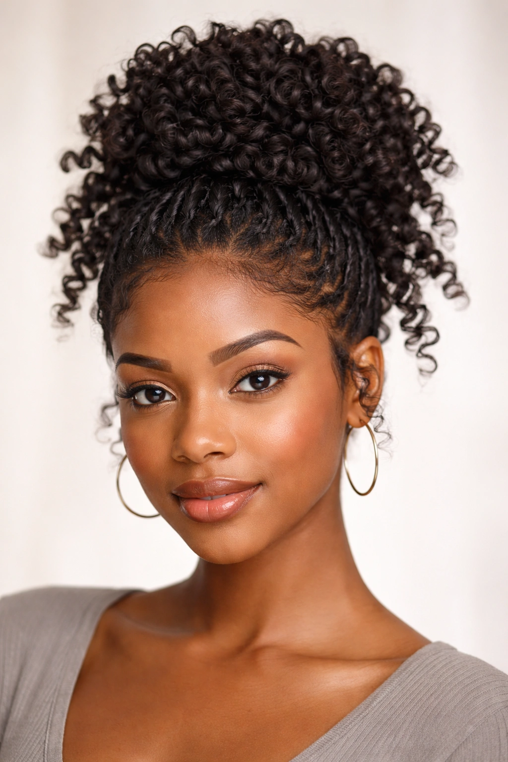 Front view of twisted bun with separated curls around the bun