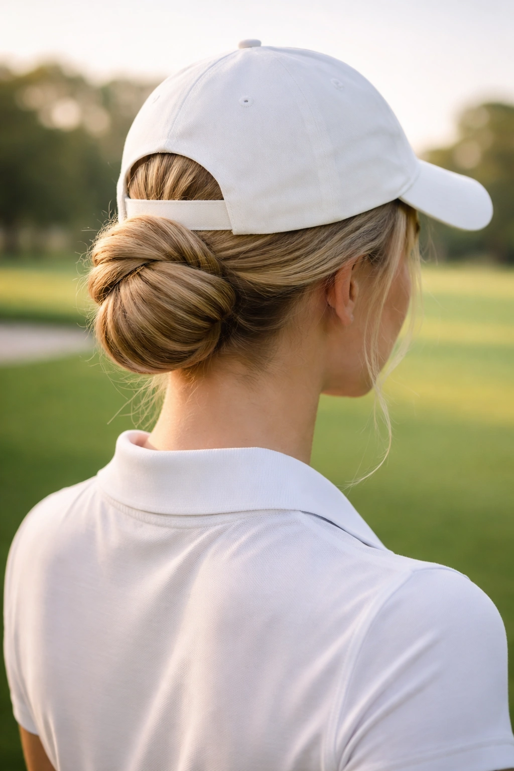 10 Hairstyles That Look Great On The Golf Course 9 Low twisted chignon at the nape beneath a cap on a golf course