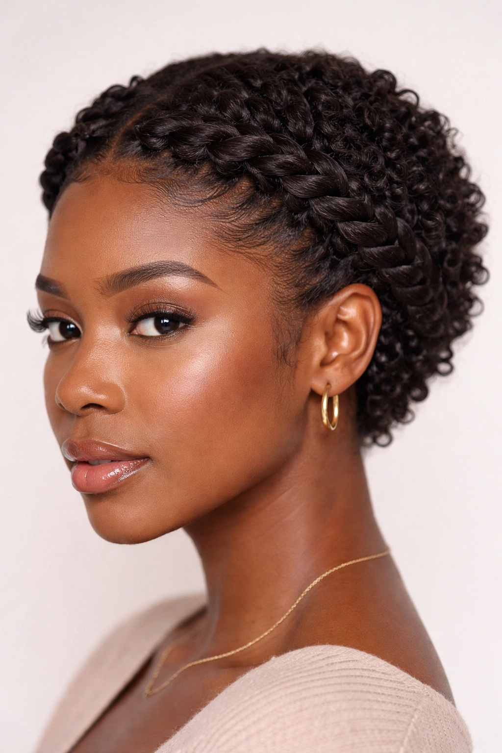 Close-up of crown of twists around head with shorter curls visible