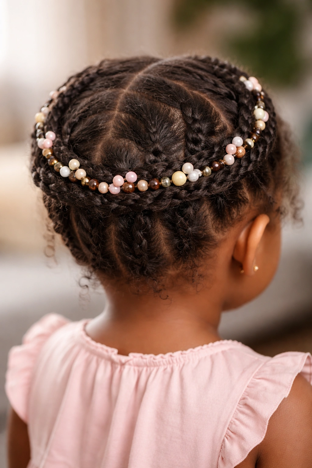 Twisted crown hairstyle with beads threaded through the twists around the head