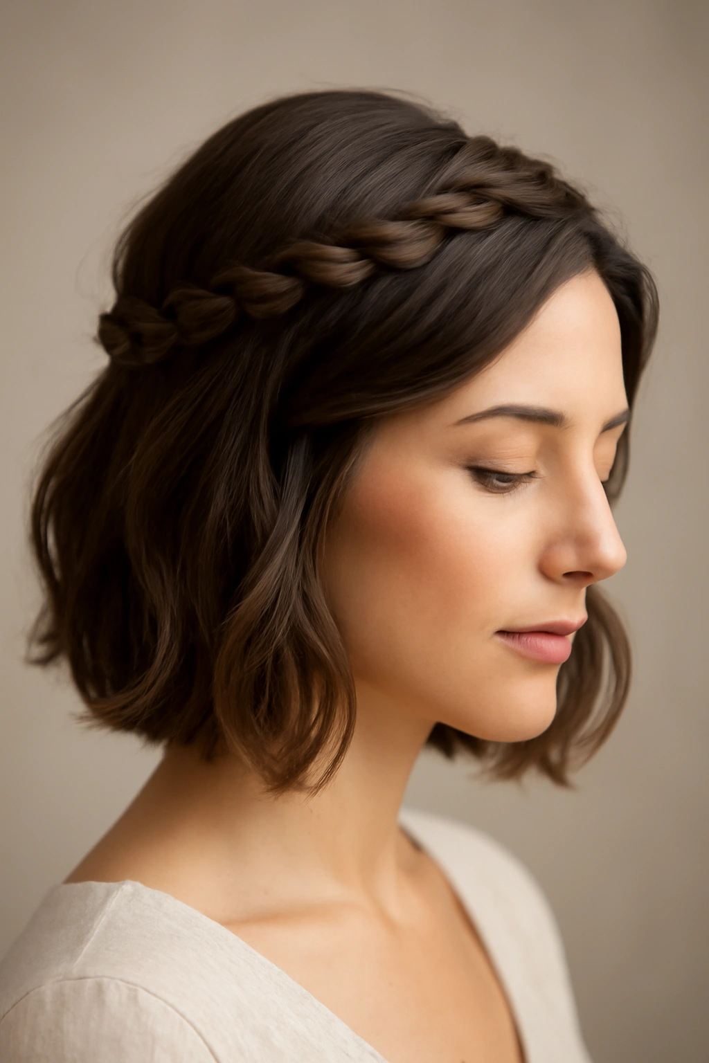 10 Wedding Hairstyles That Look Great on Bobs 6 Twisted crown hairstyle on bob with cascading back
