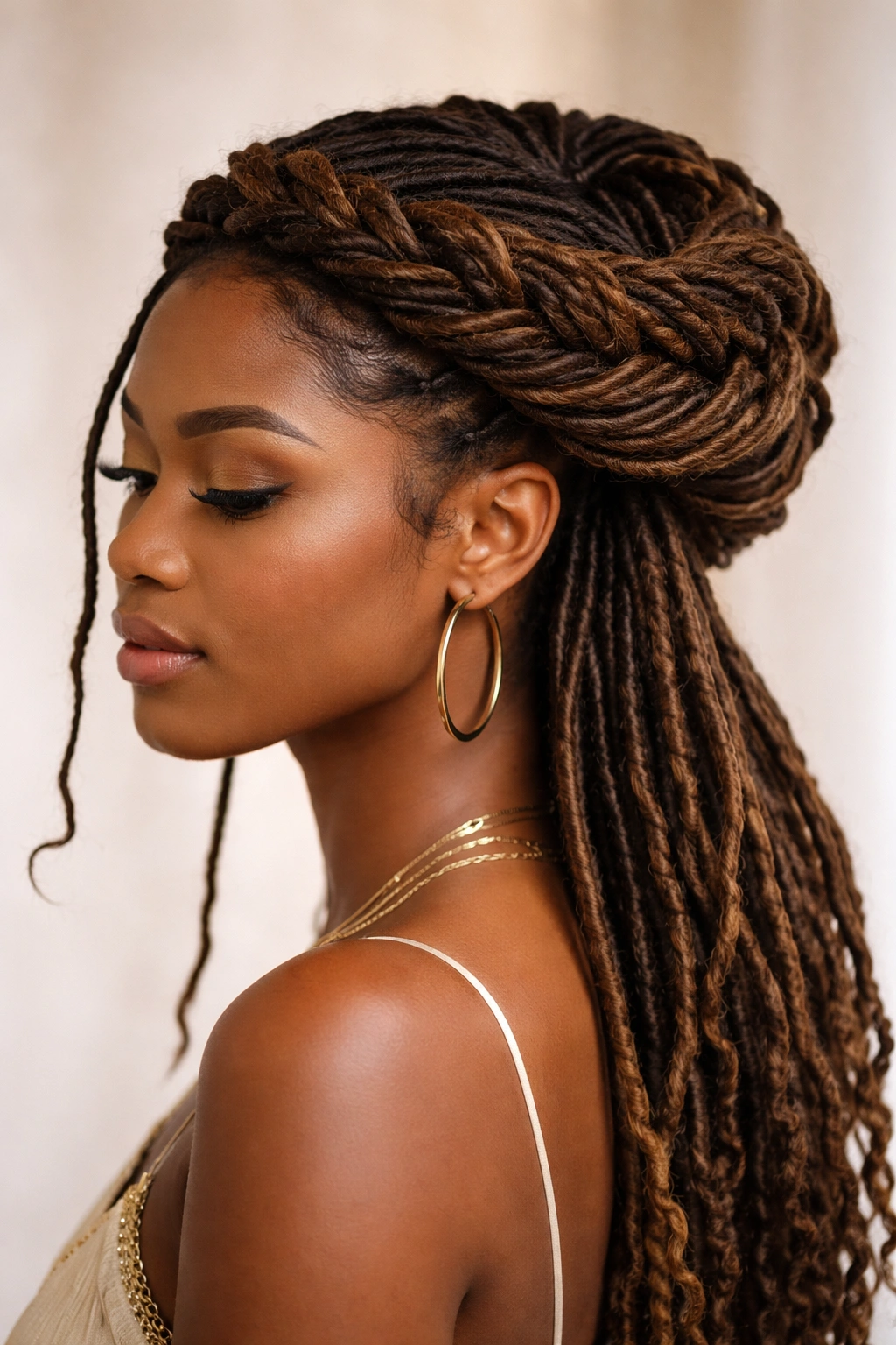 20 Dreadlock Styles For Women At Every Hair Length 10 Interlocked twisted crown braid encircling the head