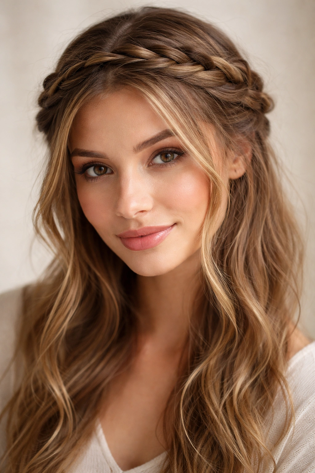 Twisted crown braid around head with loose strands