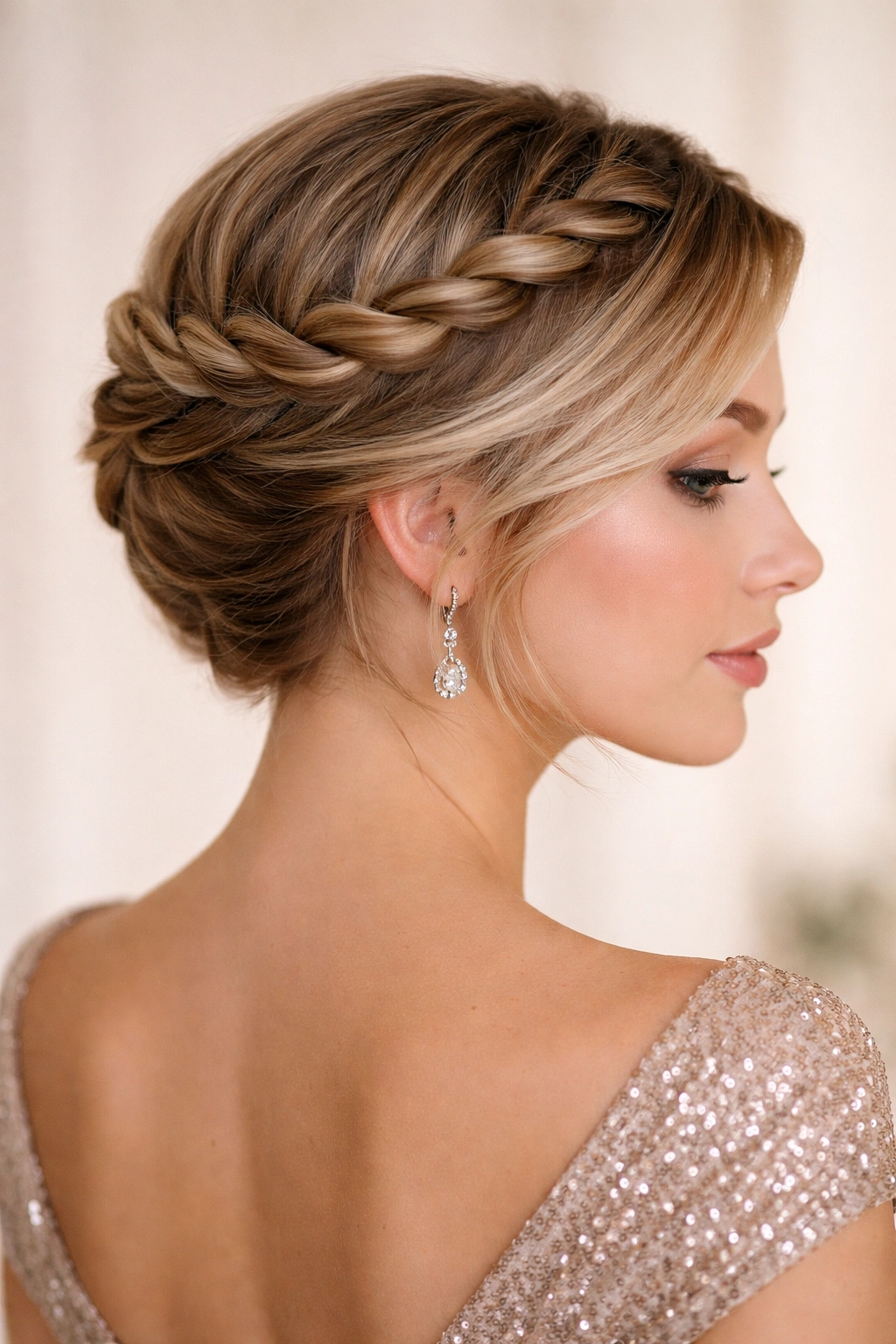 Twisted crown braid around the head with tucked ends.