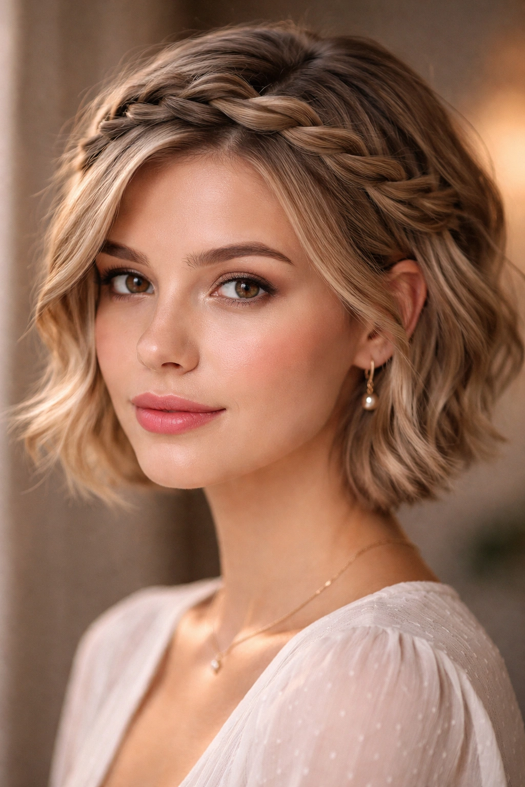 Close-up of short hair styled in a loose twisted crown braid along the hairline