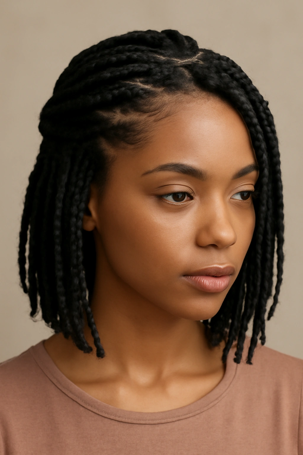 Half-up twisted crown with loose front braids framing the face